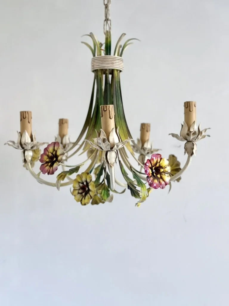 French country hanging light with floral bouquet and botanical leaves