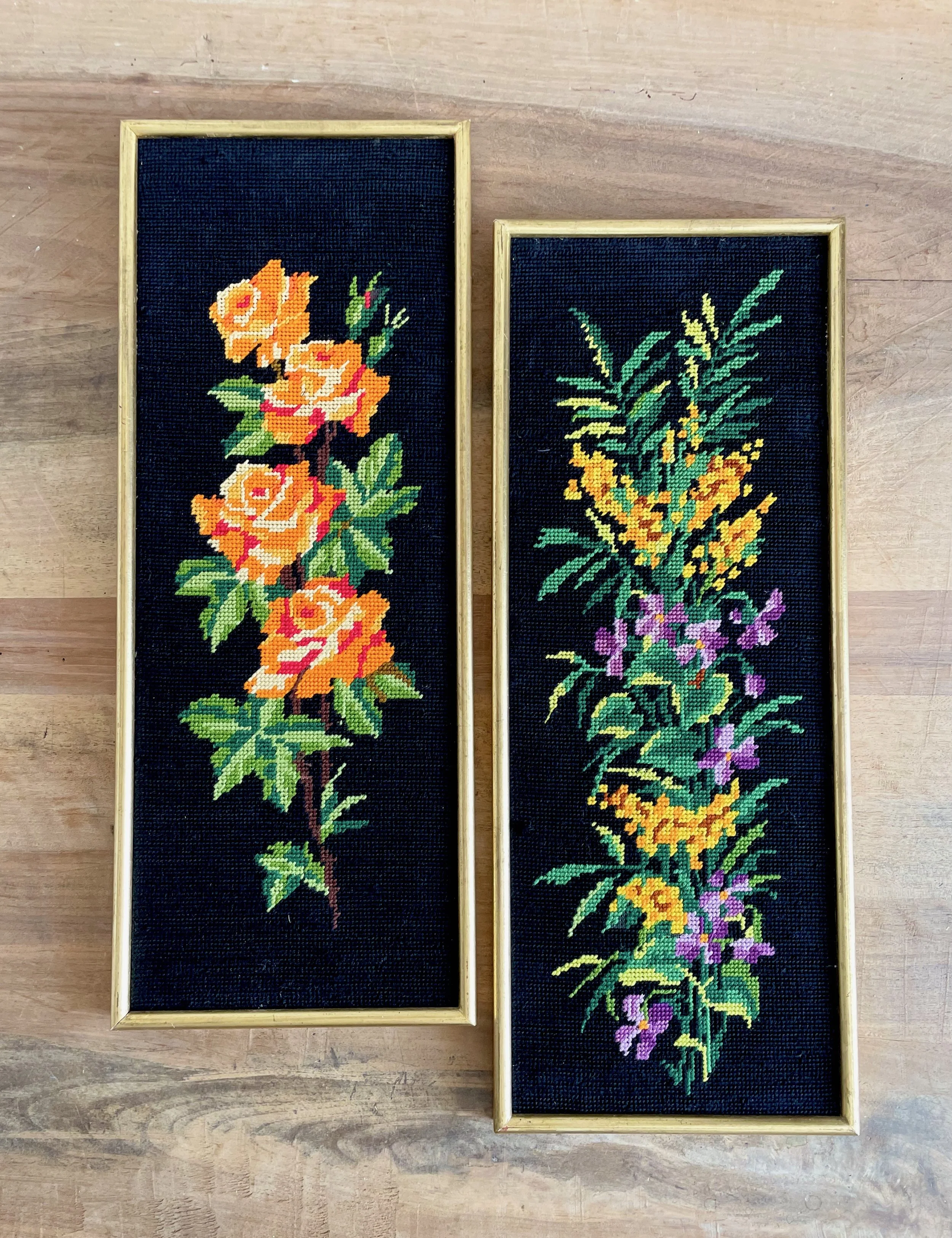 Wall art, Botanical Floral needlepoint wall hangings, framed handmade artwork