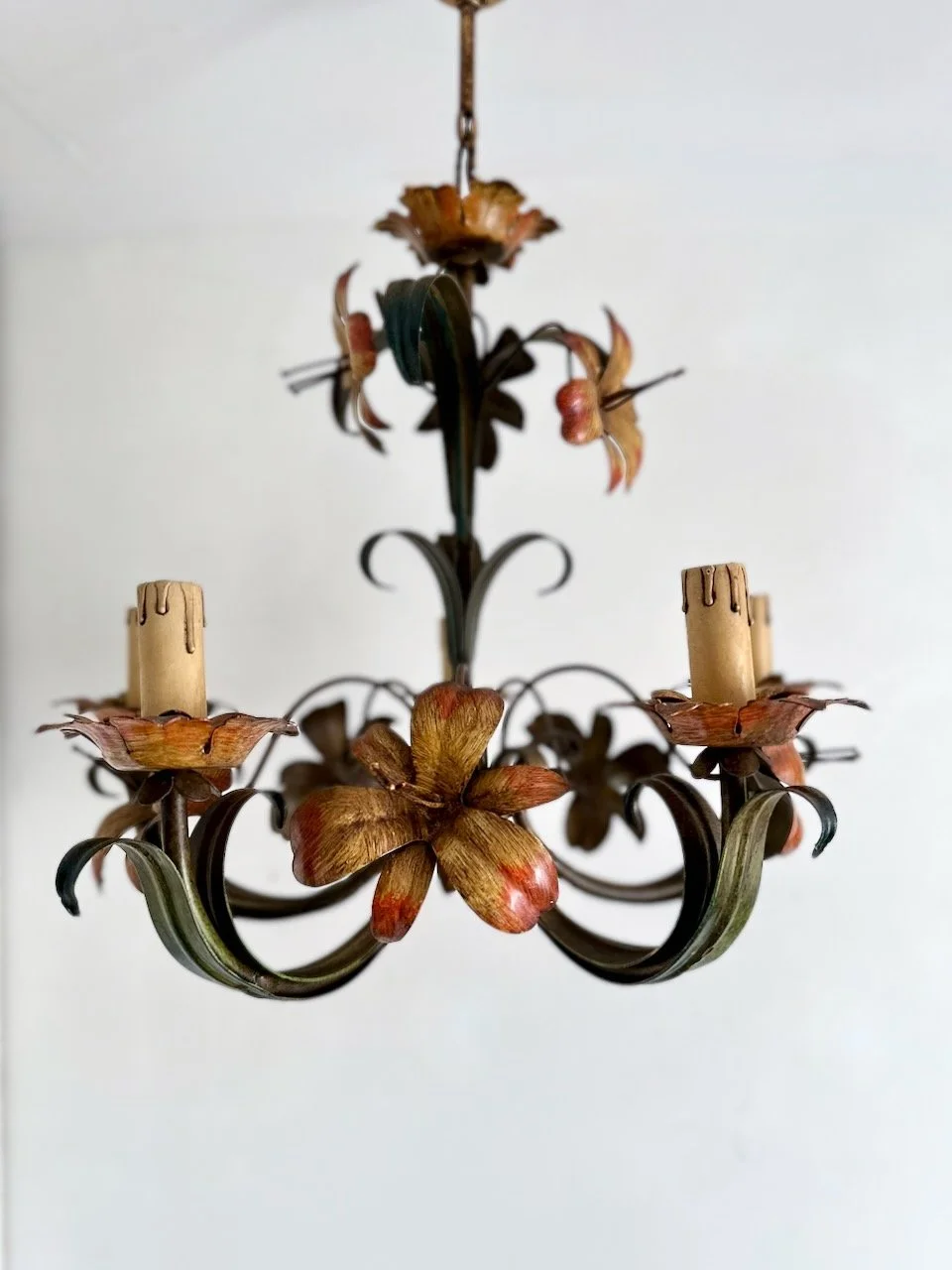 Sculptural floral detail on vintage Italian tole five-light chandelier with original polychrome painted finish IMG_6555.jpeg