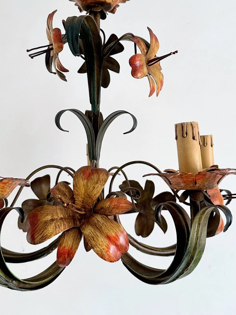 Mid-century Italian tole floral chandelier with five lights, scrolling green leaves and hand-painted coral flowers IMG_6551.jpeg