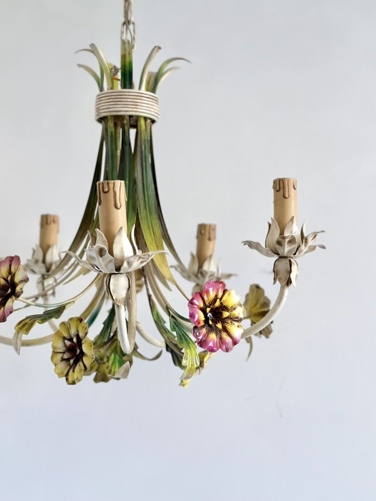 Rewired vintage French chandelier with new E14 socket and candle sleeve