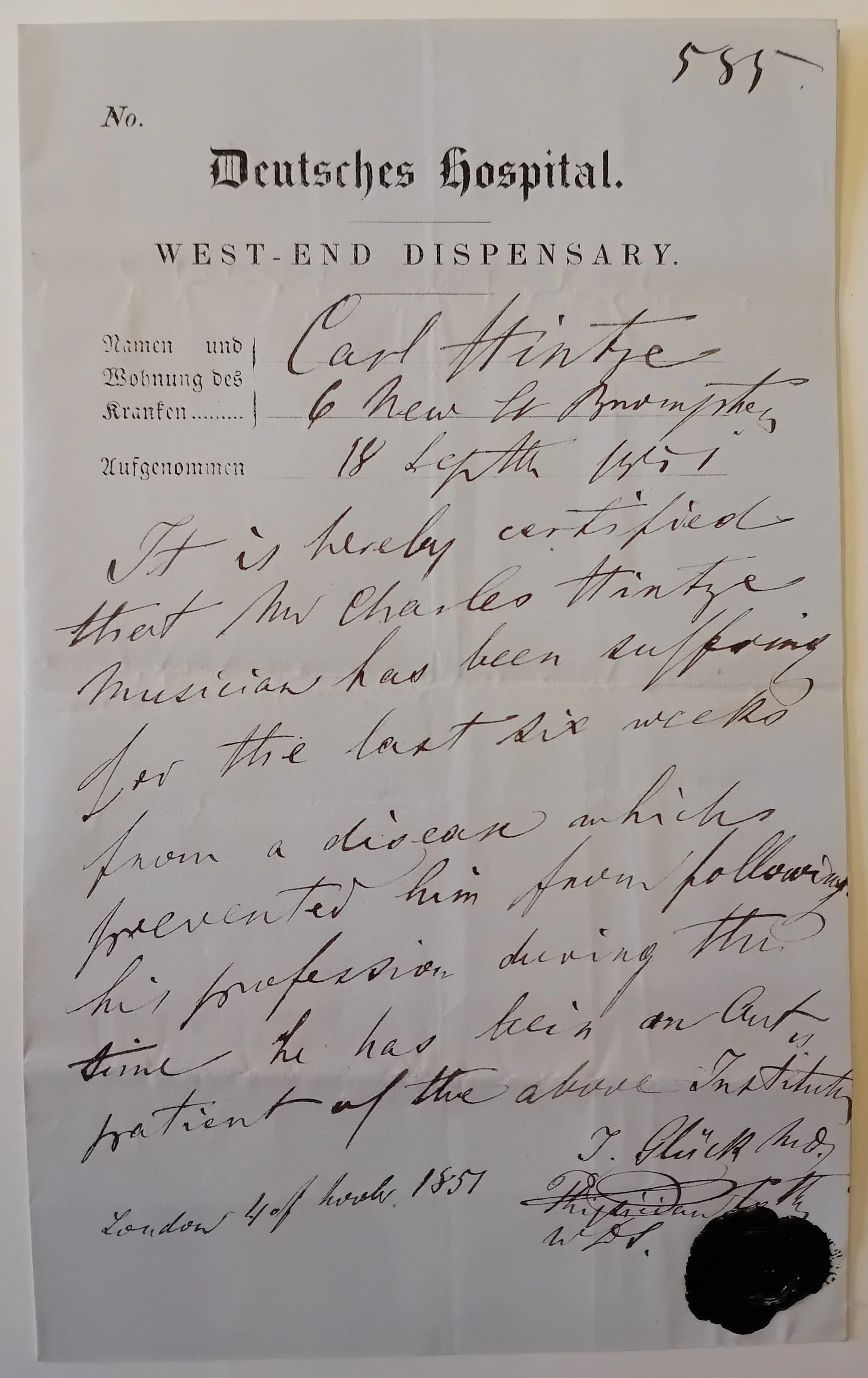 From the Archives: Carl Hintze and the ‘Deutsches Hospital’