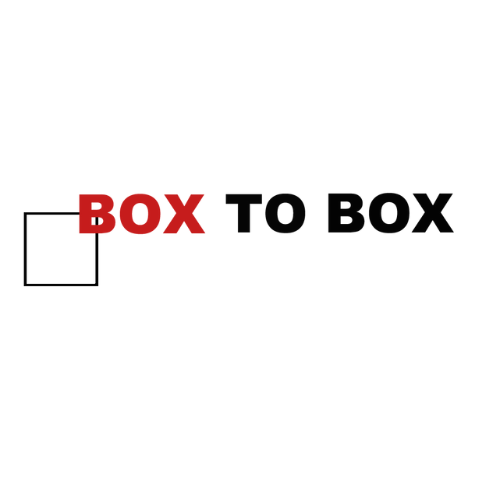 A logo featuring a black outline of a square with the words "BOX TO BOX" beside it. "BOX" is in bold red letters and "TO BOX" is in bold black letters.