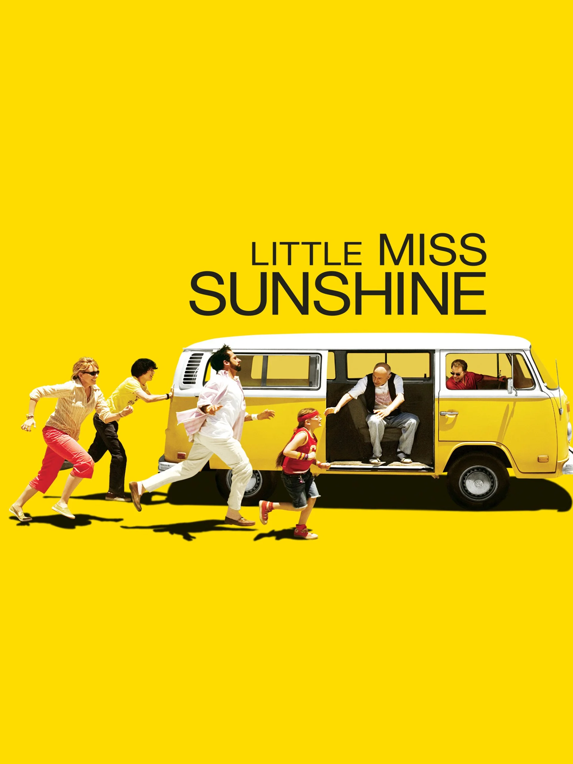 Poster for the movie 'Little Miss Sunshine' featuring a family running towards a yellow Volkswagen bus on a bright yellow background.