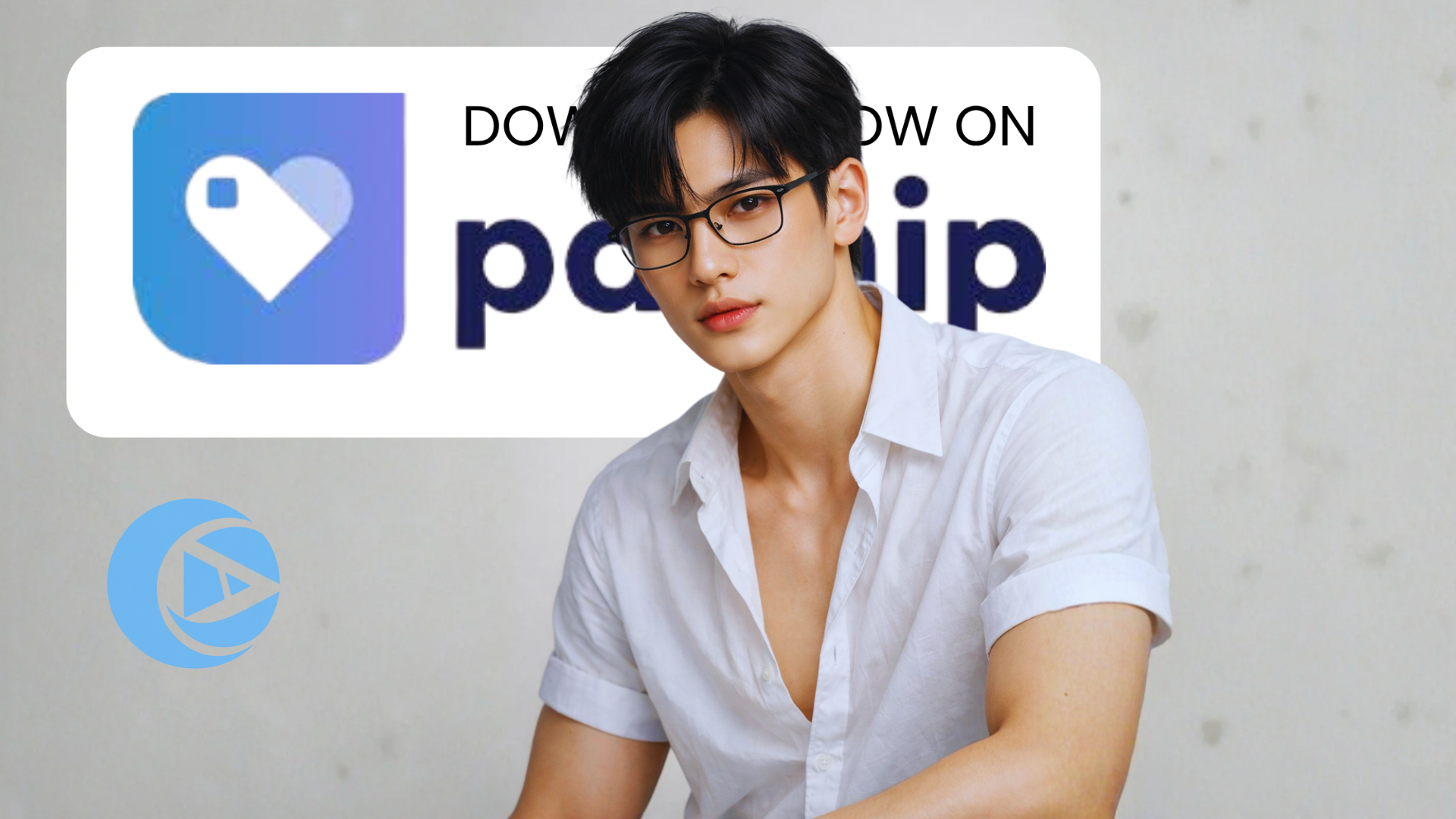 A young man with black hair and glasses wearing a white shirt, sitting in front of a plain background. There is an overlay promoting the app 'Picsart' with the logo and text to download on the App Store and Google Play.