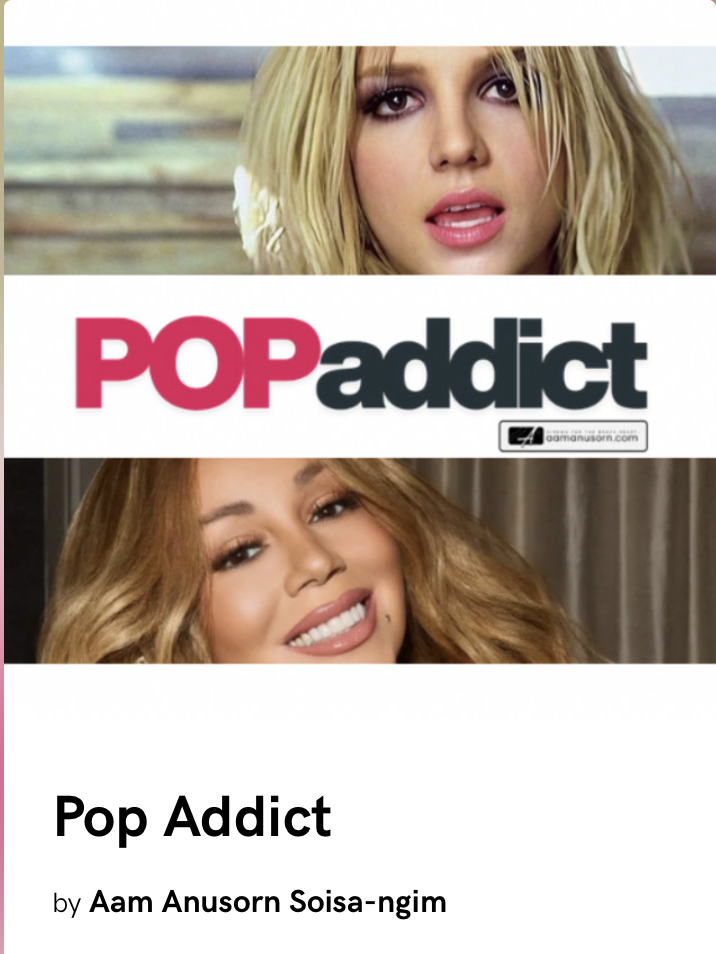 Book cover titled 'Pop Addict' by Aam Anusorn Soisa-ngim, featuring two women with blonde hair.