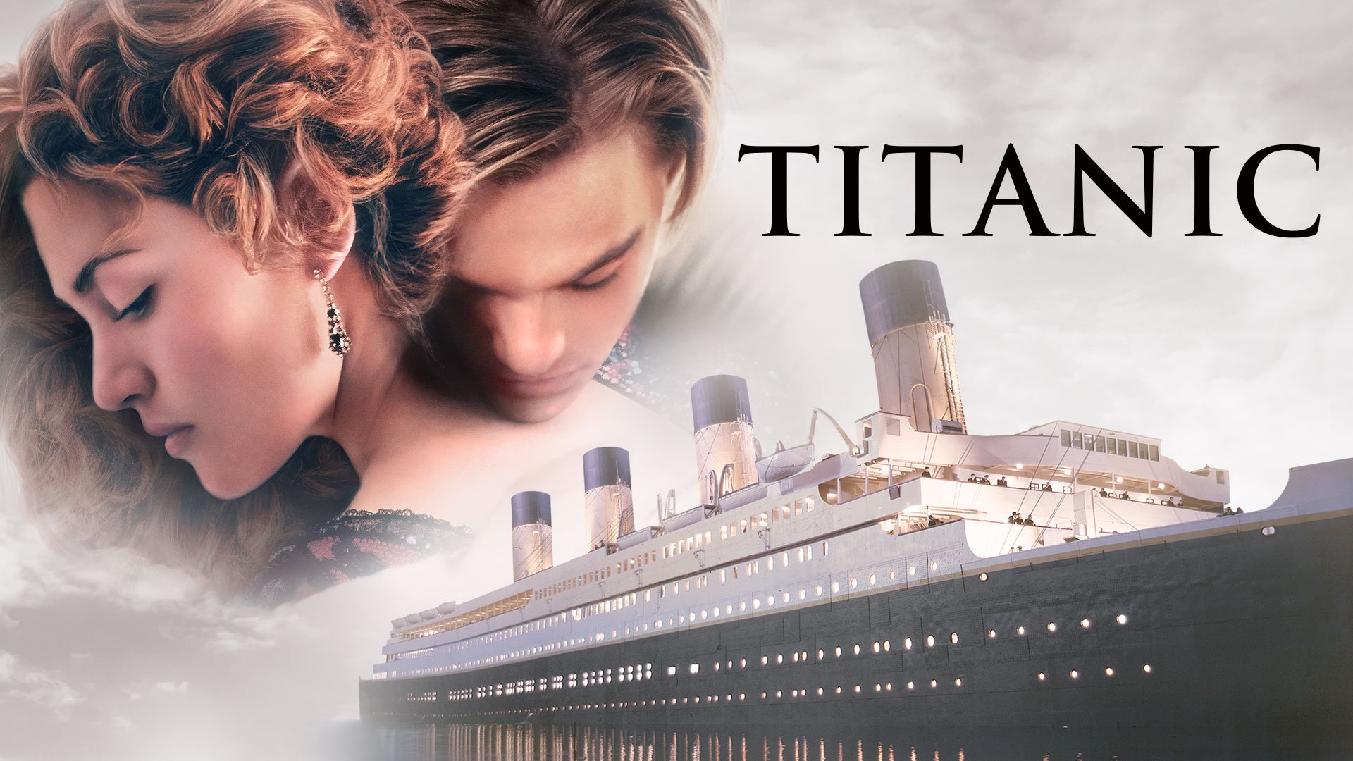 "Titanic" movie poster featuring a close-up of two individuals embracing above the Titanic ship and title.