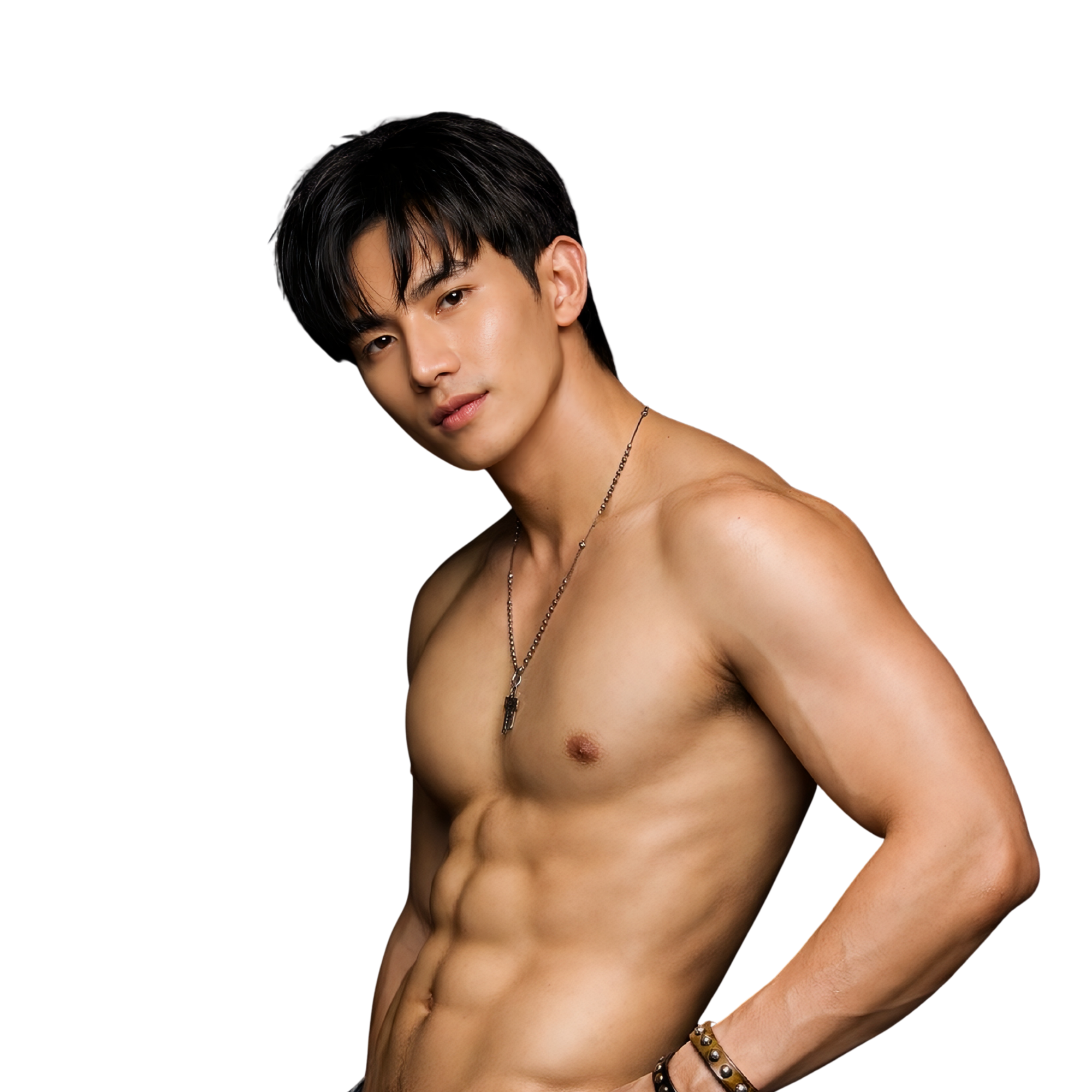A shirtless young man with black hair, wearing multiple necklaces and various bracelets, leaning slightly to the side against a black background with colorful gradient bar accents.