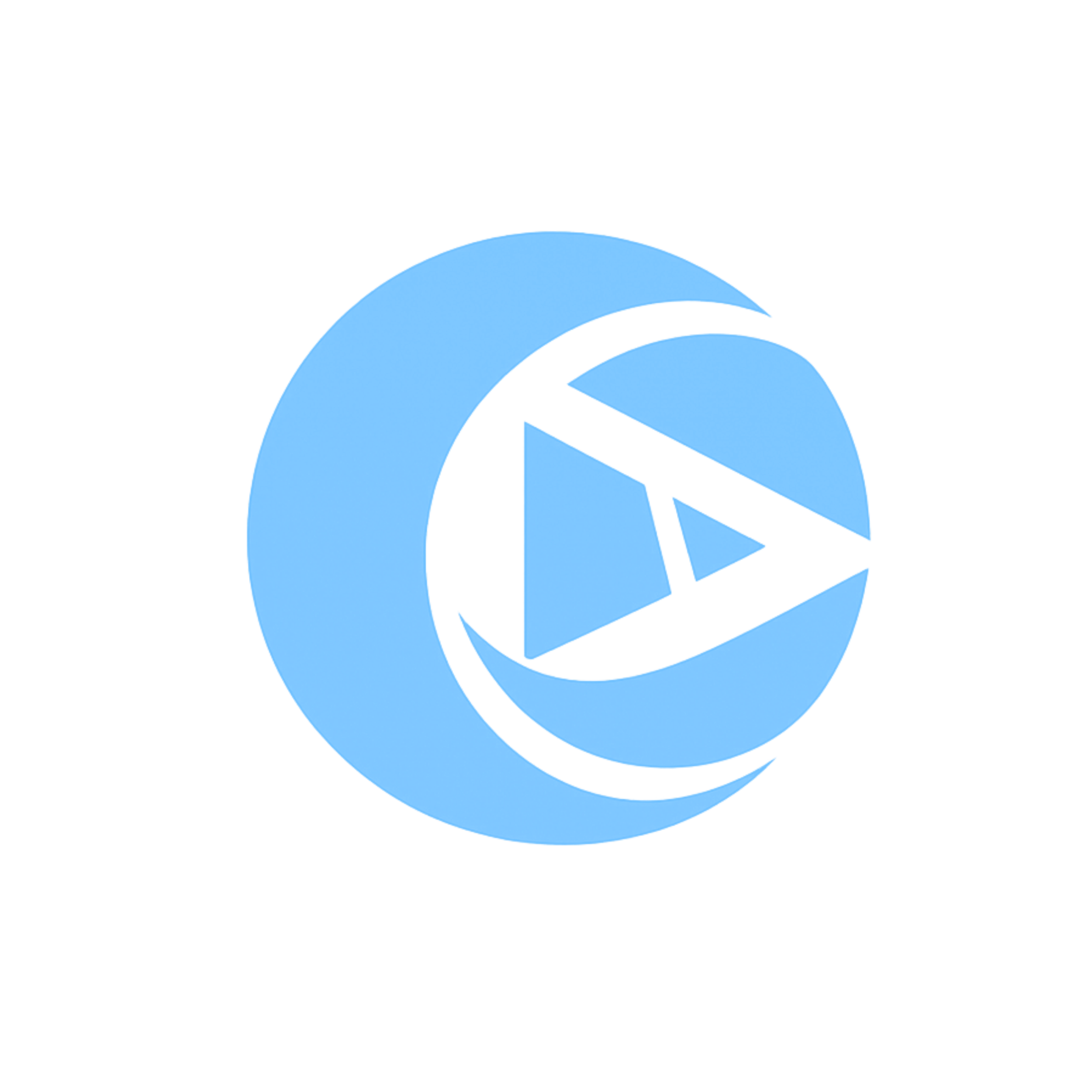 Blue logo with a crescent shape and a stylized play button inside a circle.
