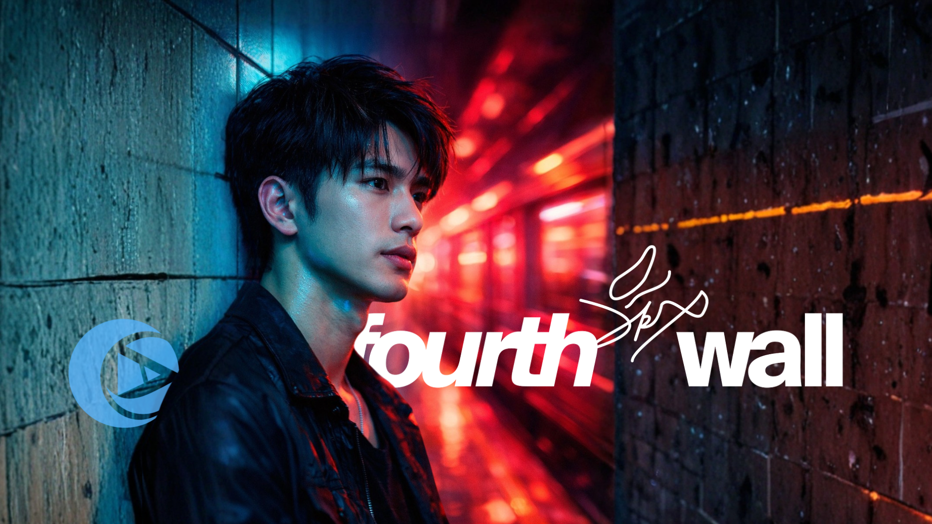 A young man with dark hair leans against a brick wall in a neon-lit urban alleyway at night, with red and blue lighting and streaks of light in the background.