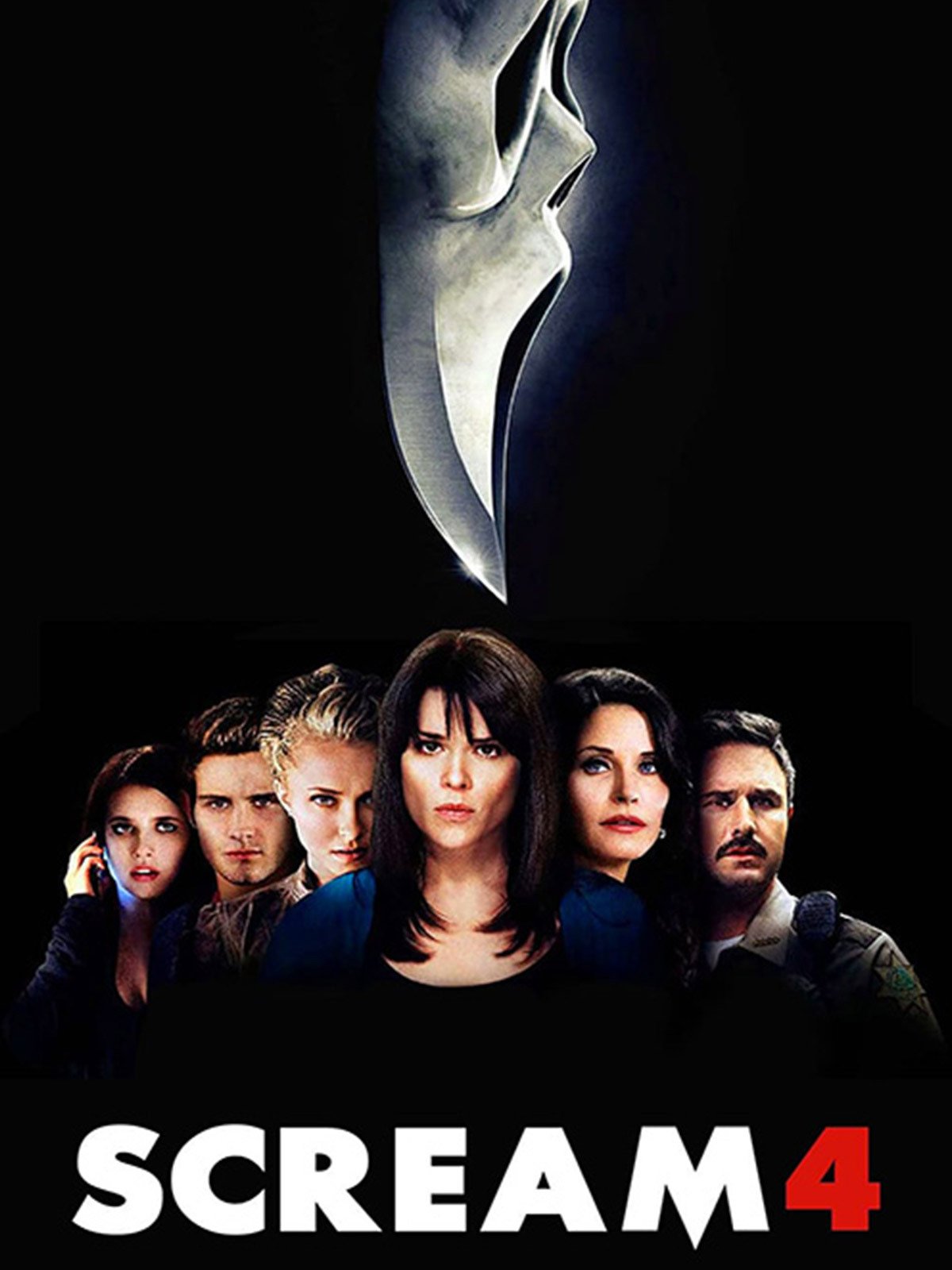 Movie poster for 'Scream 4' featuring the iconic Ghostface mask above a group of people.