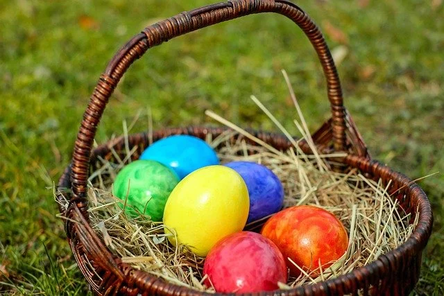 A basket of brightly coloured eggs