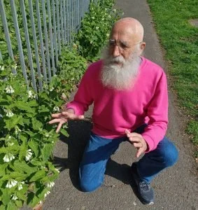An older man with a bald head and long flowing white beard kneels next to some wildflowers