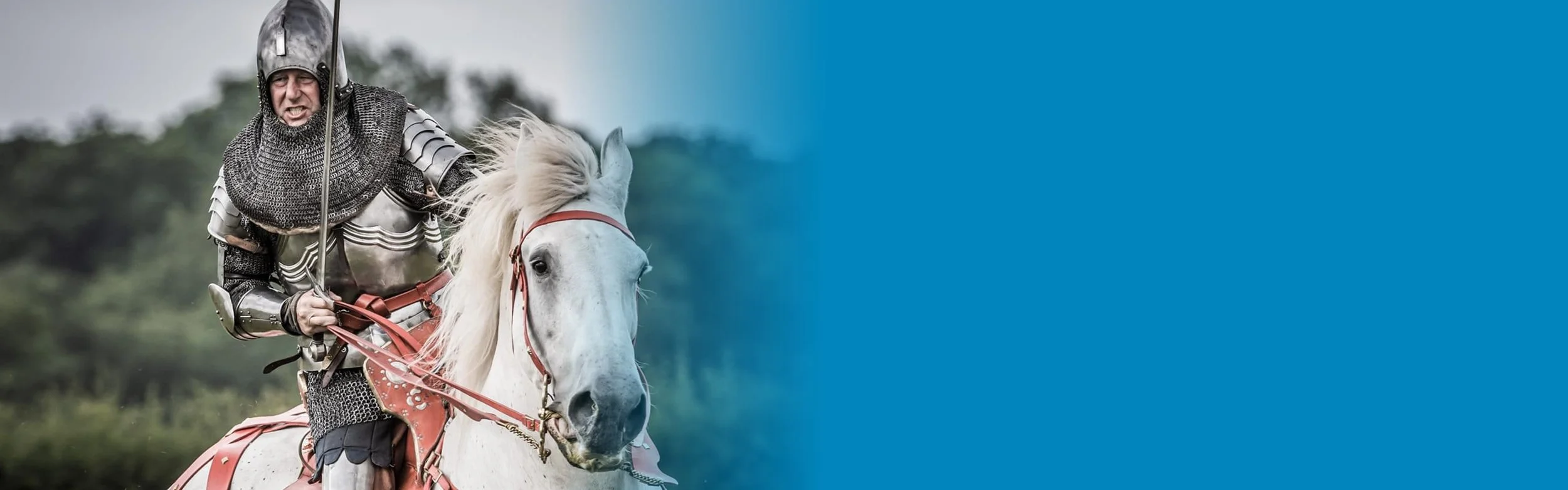 A man dressed in medieval knight's armour on a white horse