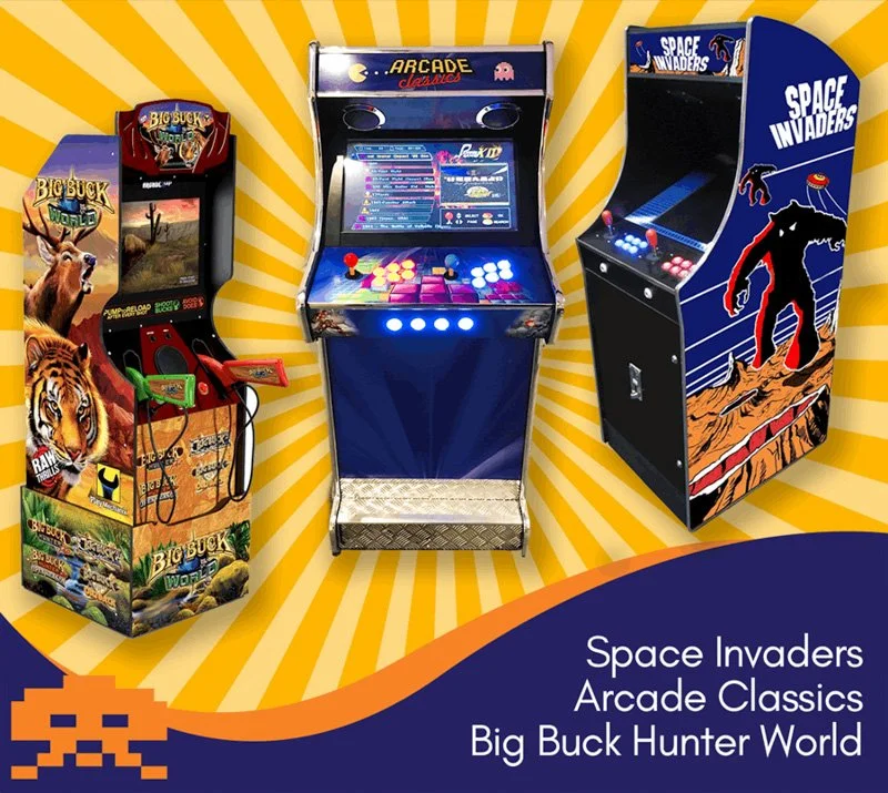 graphic containing 3 arcade games