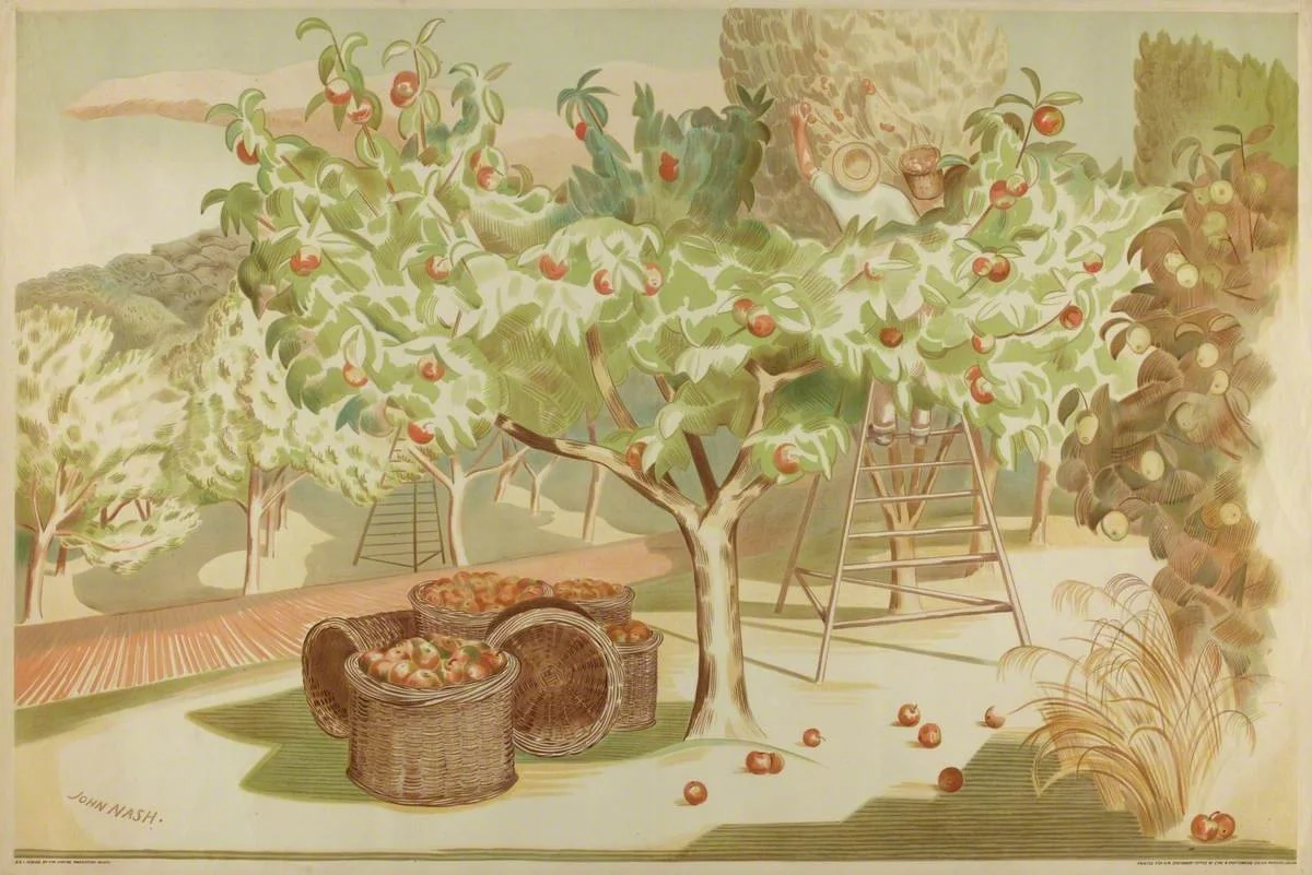An artistic impression of an orchard of apple trees at harvest time by John Nash