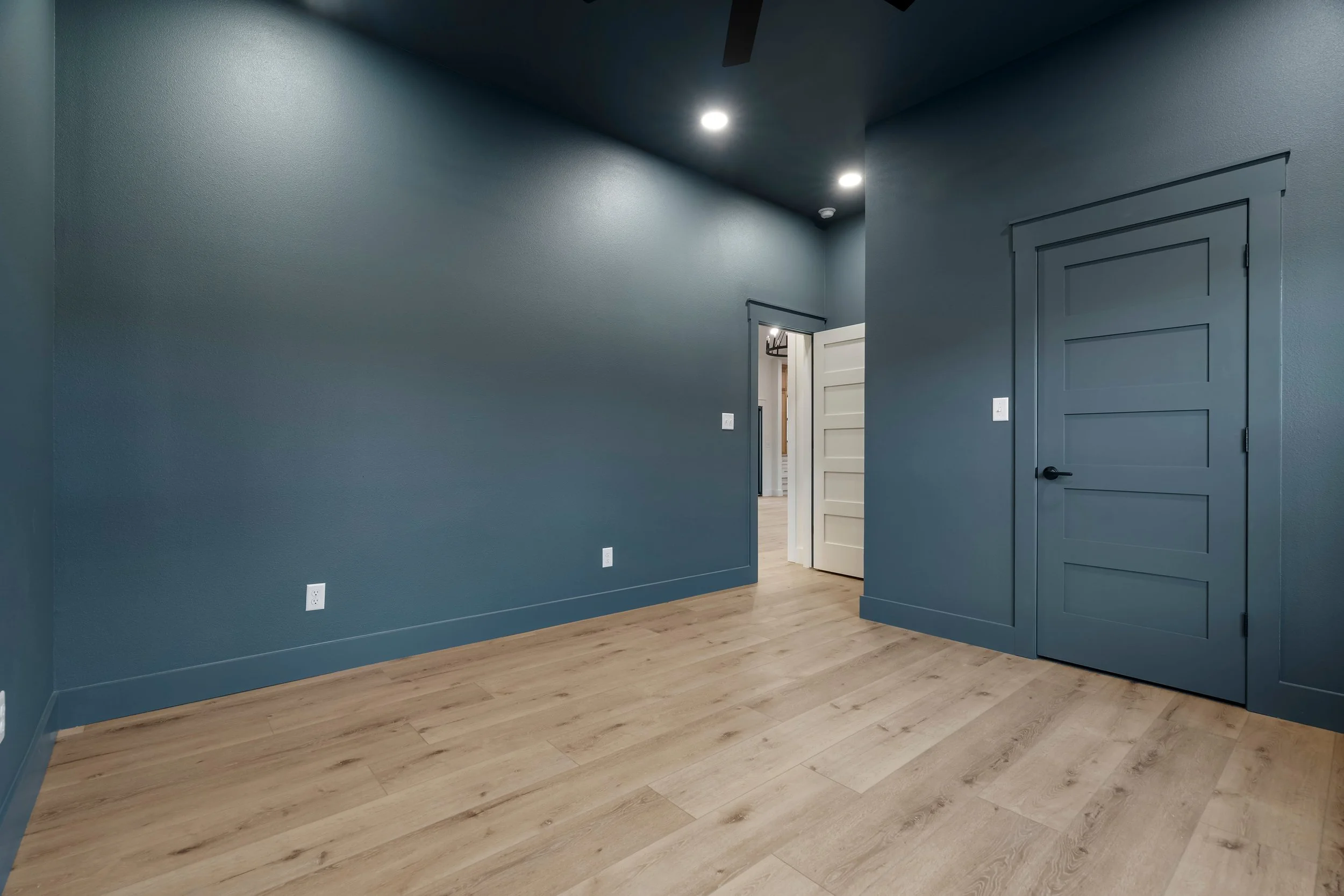 Empty room with dark blue walls, wood flooring, a partially open white door, and a closed matching blue door. Recessed ceiling lights.