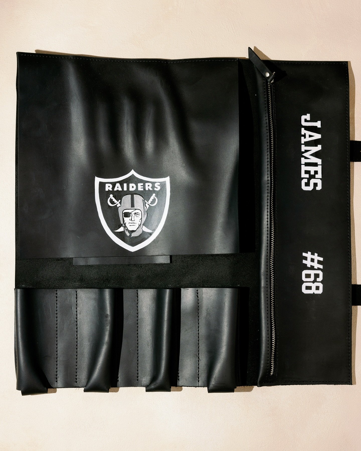 ANDRE JAMES #68
A hand painted @raiders leather bbq tool set by @thehautepress 
Obviously a necessity when the passion for bbq narrowly exceeds the passion for football. I&rsquo;m so happy to have applied the skill of hand painting and customizing th