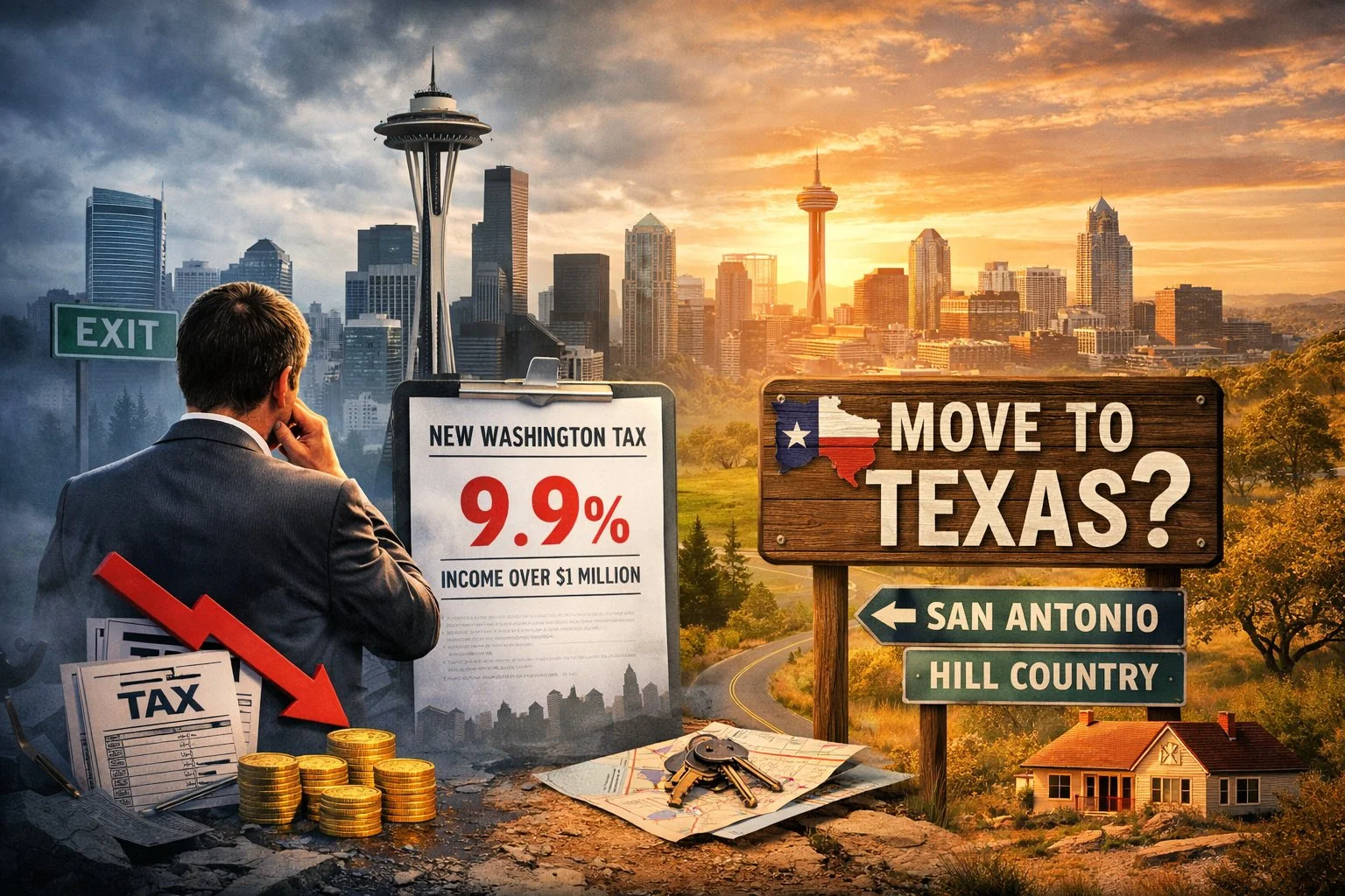 Split image showing concern over Washington’s new 9.9% millionaire tax, with a dark Seattle skyline on one side and a brighter Texas Hill Country and San Antonio scene on the other, suggesting relocation.