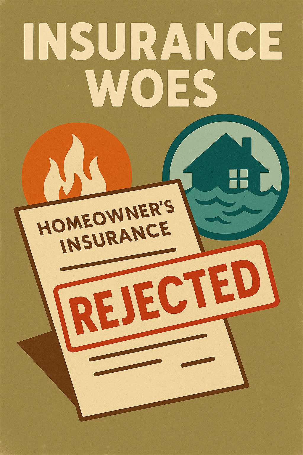 A rejected homeowner’s insurance application with icons for fire and flood in the background.