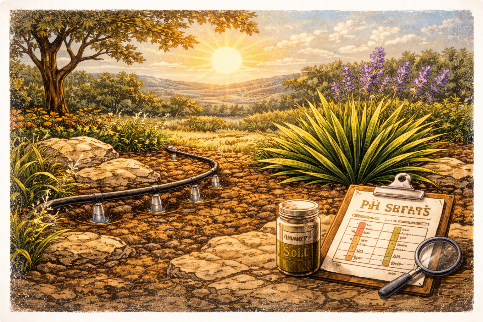 Vintage-style illustration of drought-tolerant plants with drip irrigation and a soil test report on limestone ground, demonstrating efficient watering and soil testing practices.