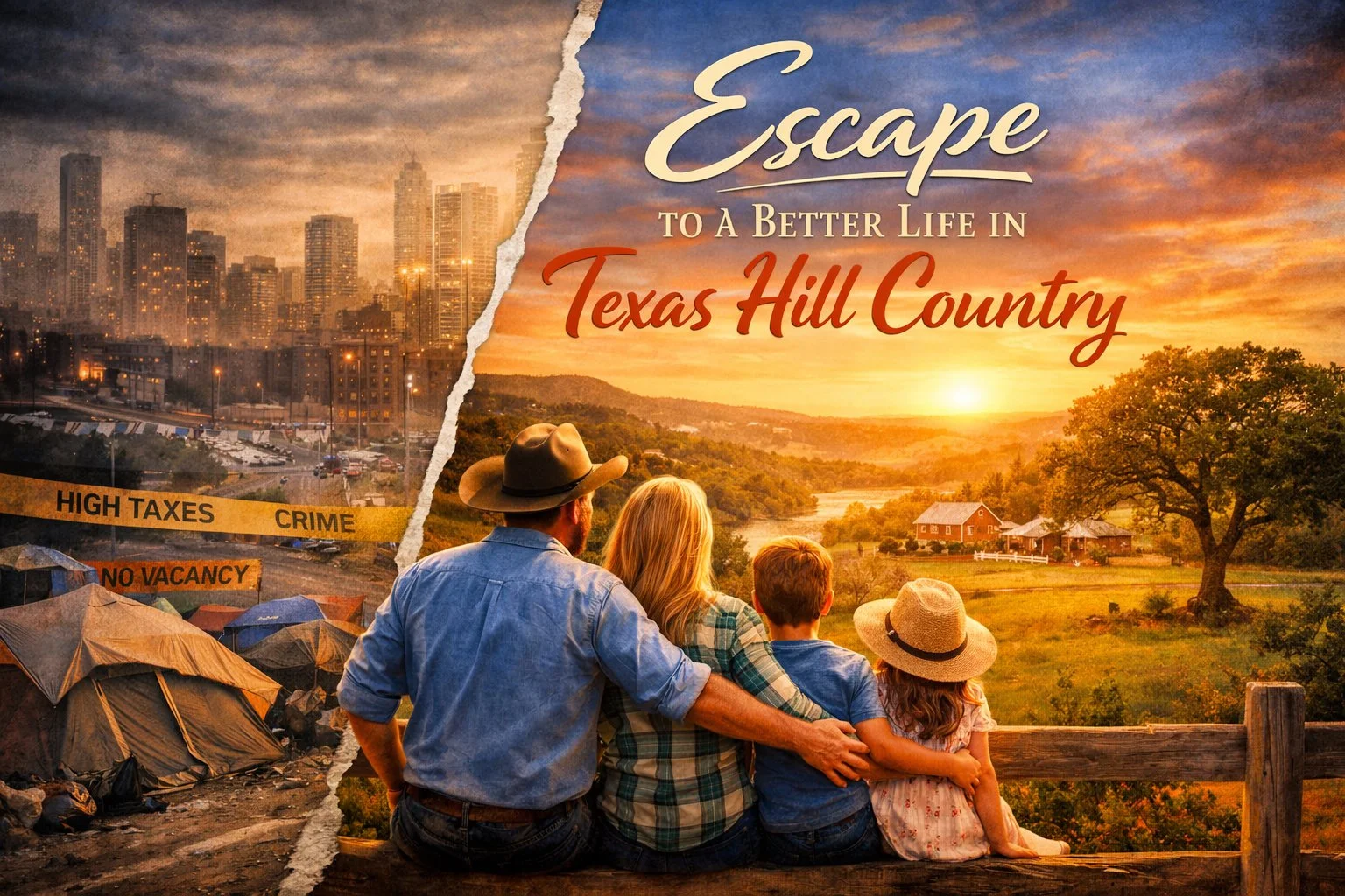 A family of four stands together overlooking a peaceful Texas Hill Country landscape at sunset, contrasting with a darker urban city scene, symbolizing the choice between high-cost city living and a more affordable, family-focused life in Texas.