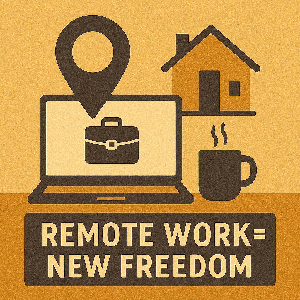 A laptop, coffee mug, and icons of a briefcase and house representing remote work benefits.
