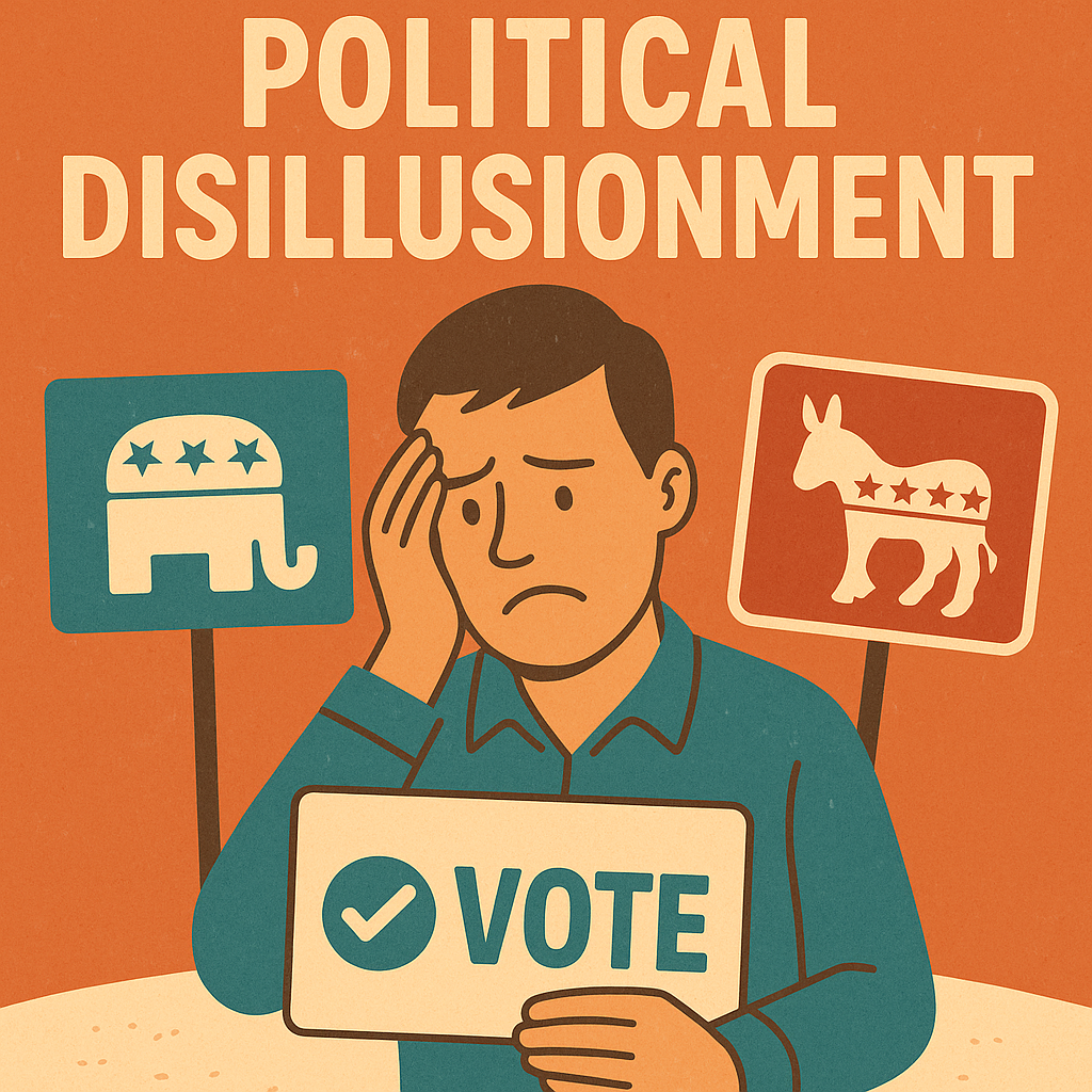 A distressed voter looking at opposing political signs, symbolizing political disillusionment in California.