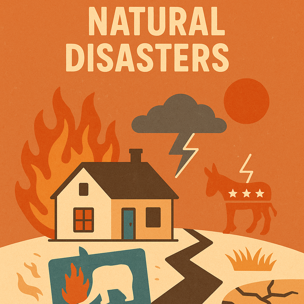 A house surrounded by fire, shaking ground, and cracked soil symbolizing natural disasters.