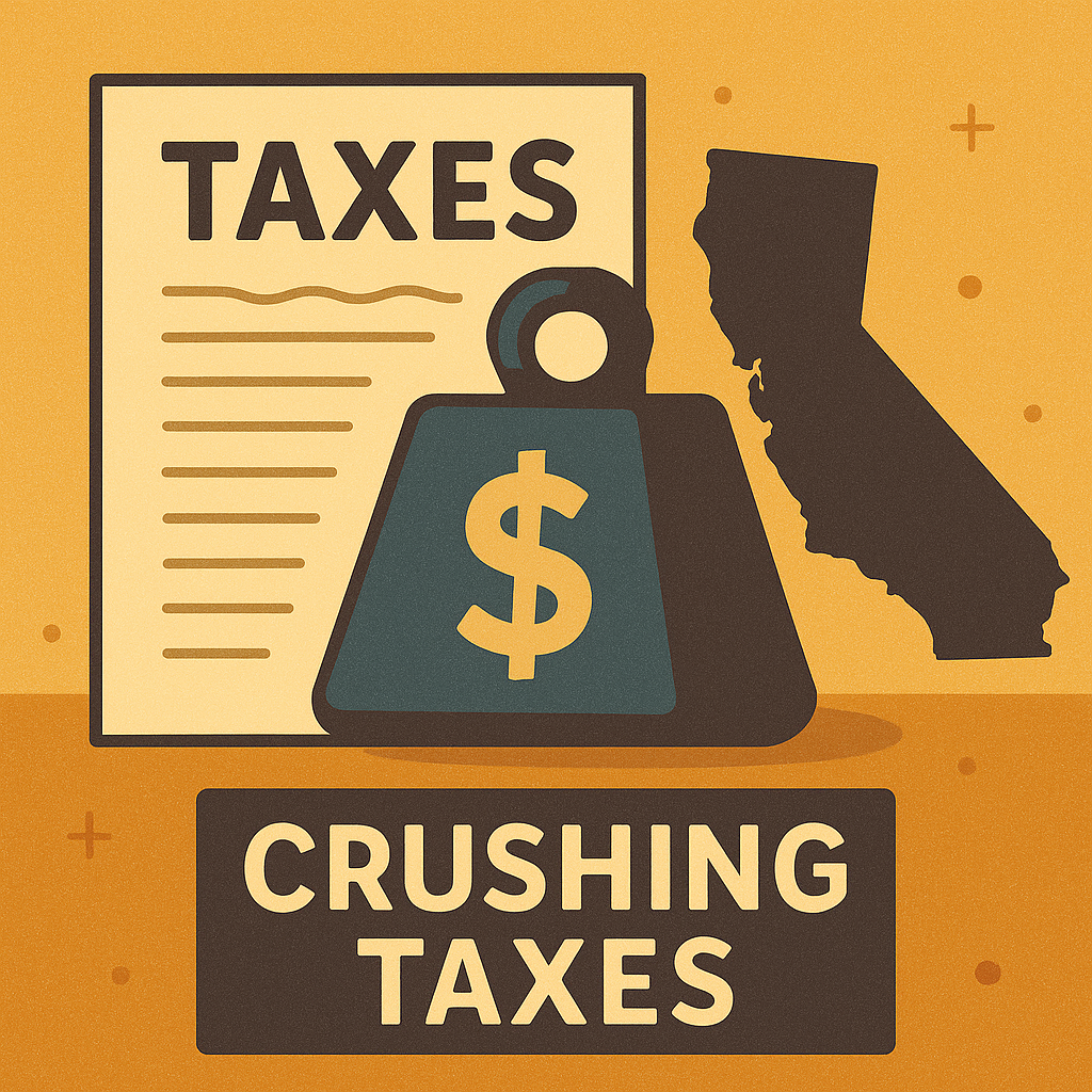 California silhouette beside a heavy kettlebell labeled “TAXES” crushing a tax form.