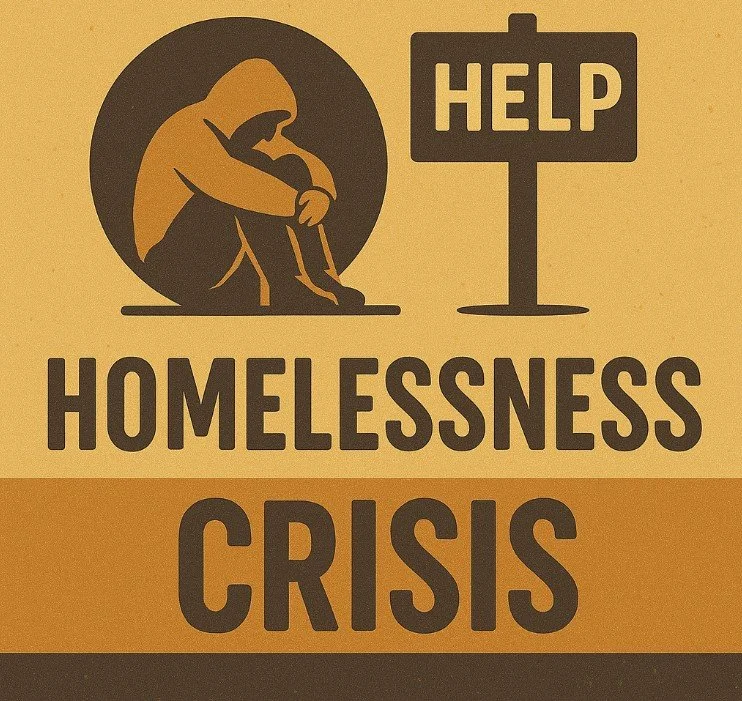 A hooded person sits near a “HELP” sign, symbolizing the growing homelessness crisis.