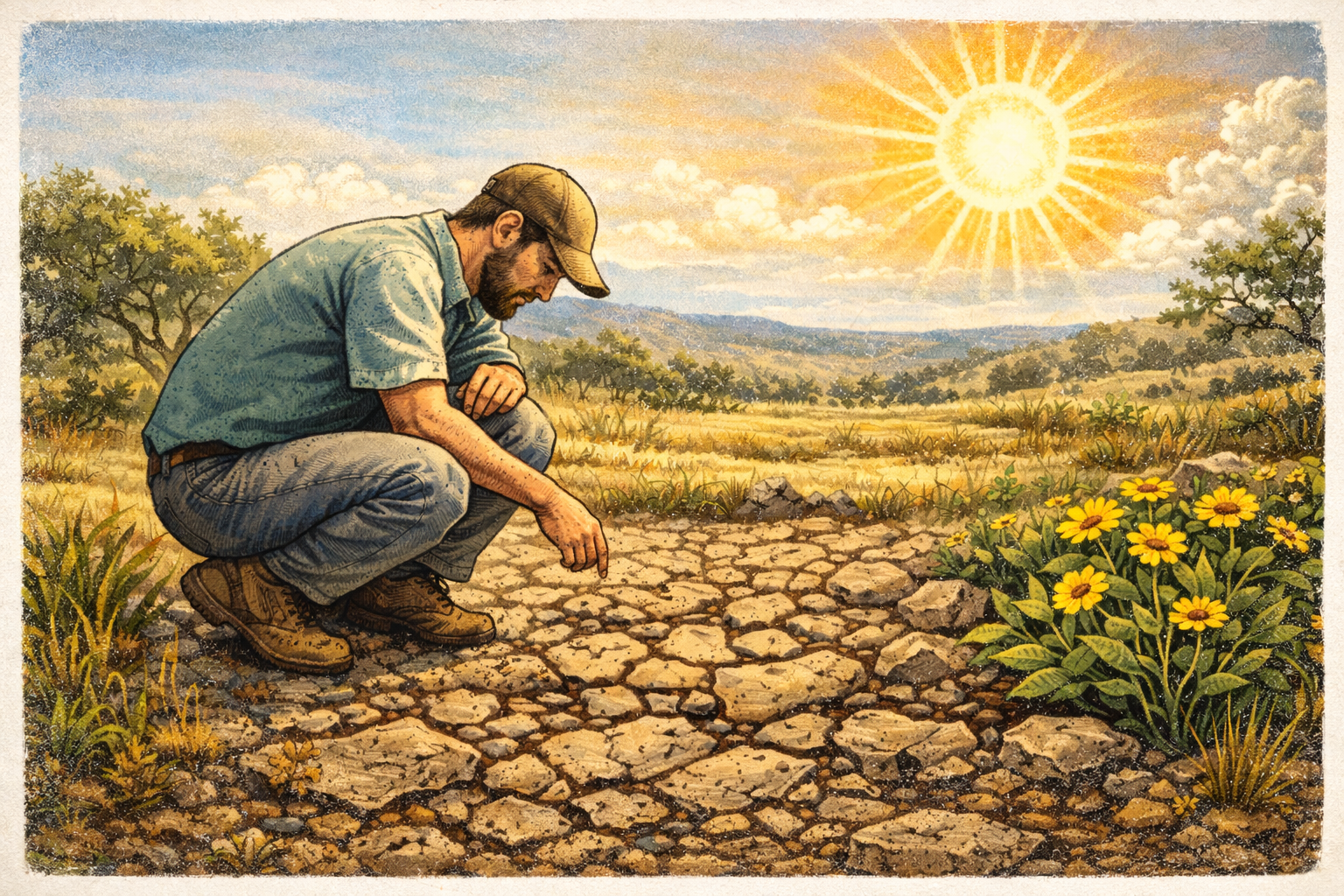 Illustrated scene of a man kneeling on cracked limestone soil under intense Texas summer sun, examining dry ground and native plants in a Hill Country landscape.