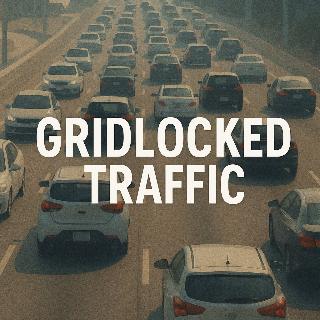 A gridlocked freeway packed with cars and smog over the skyline.