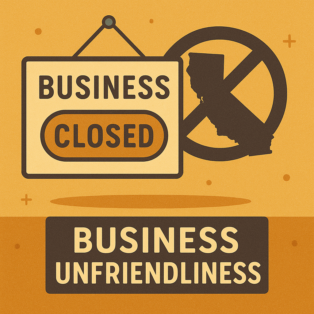 “Business Closed” sign with California outlined and crossed out by a prohibition symbol.