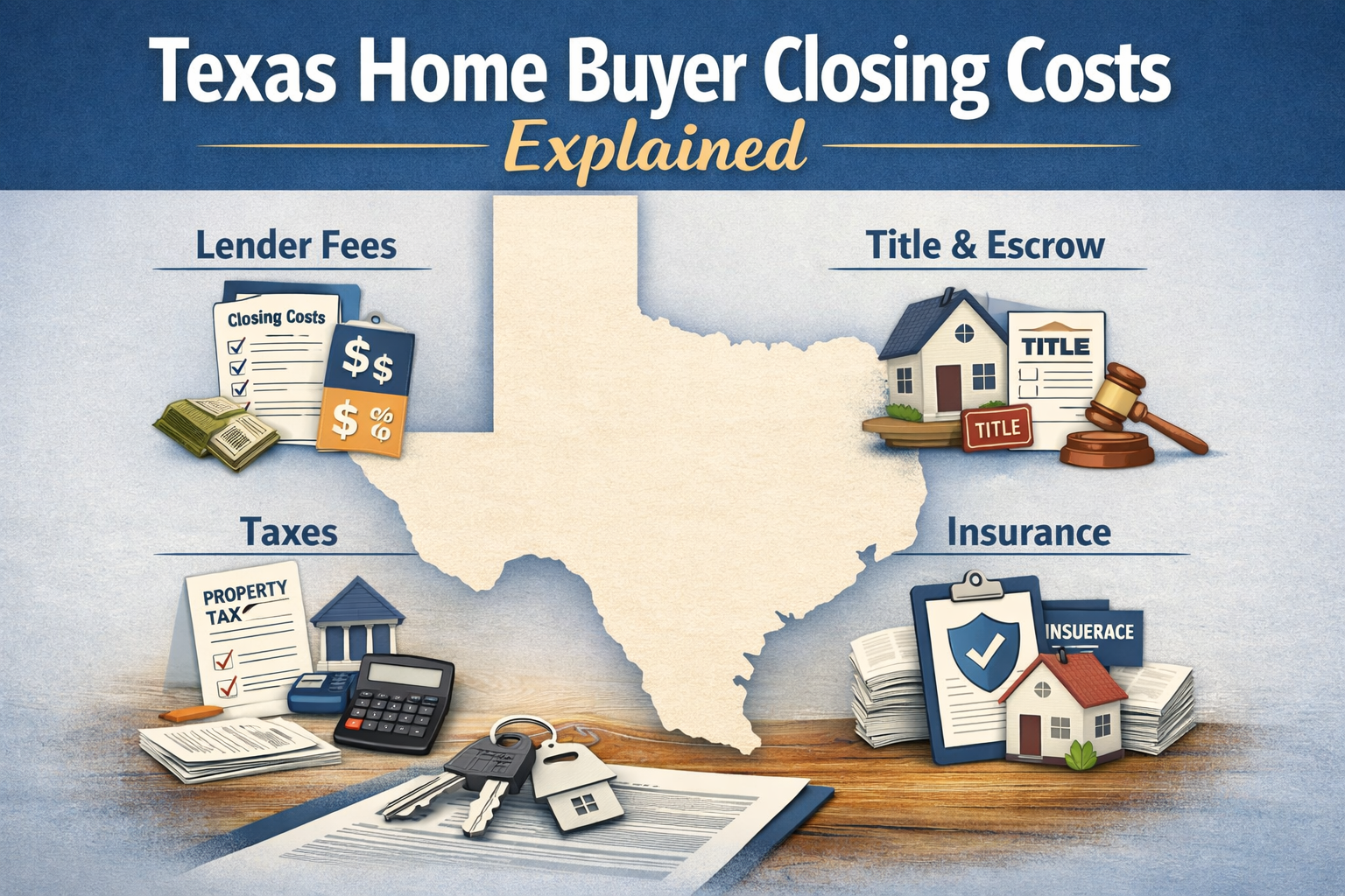 Infographic showing Texas home buyer closing costs, including lender fees, title and escrow costs, property taxes, insurance, and required documents for purchasing a home in Texas.