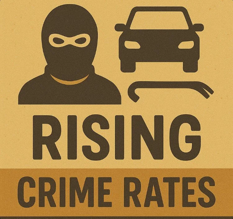 A masked figure with a crowbar and car silhouette representing rising crime.