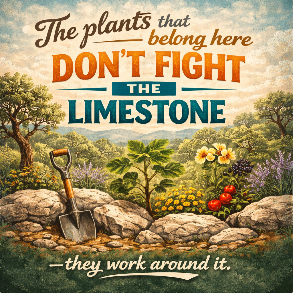 Illustration of native Hill Country plants growing naturally among limestone rocks, symbolizing how plants adapted to Boerne and Fair Oaks Ranch thrive in shallow, rocky soil.