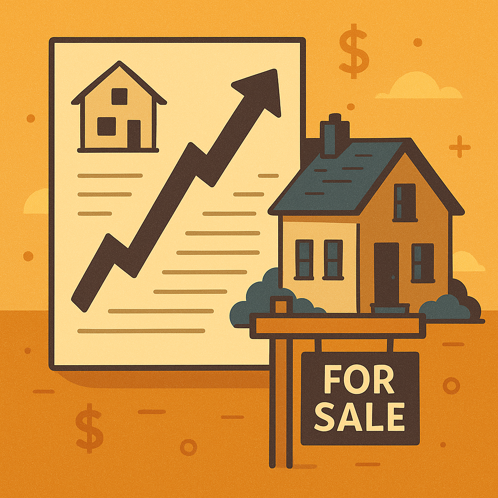 Illustration of a suburban home with a red “For Sale” sign and a steep upward pricing arrow.