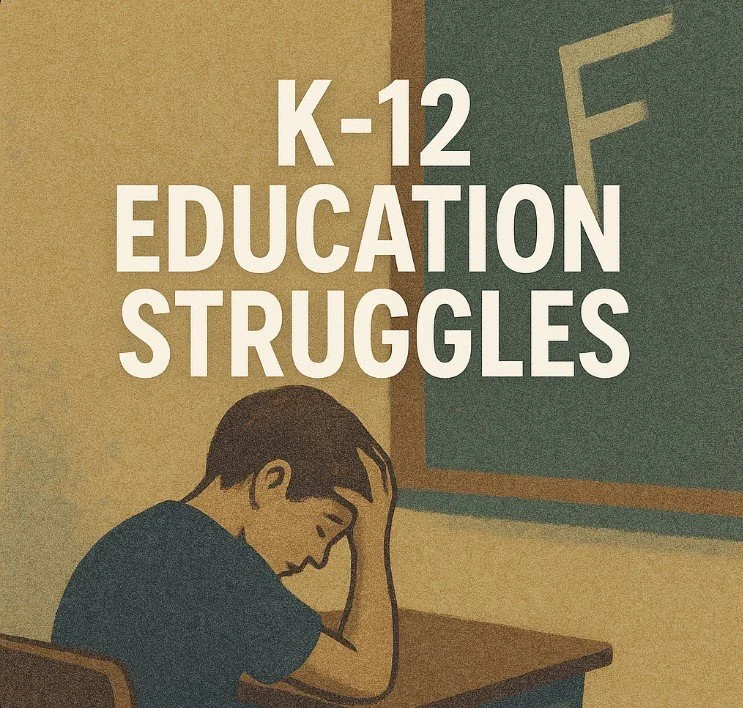 A cramped classroom with too many desks and students under a “Budget Cuts” banner.