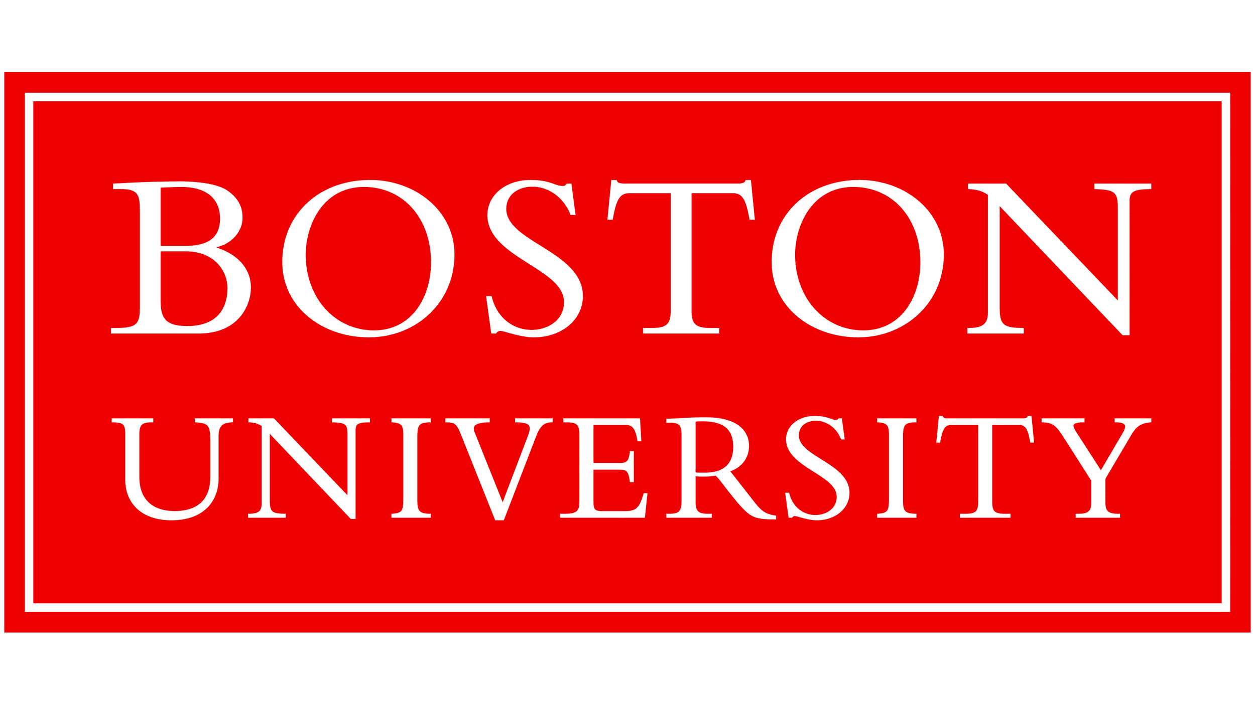 Boston University logo in white writing with red background