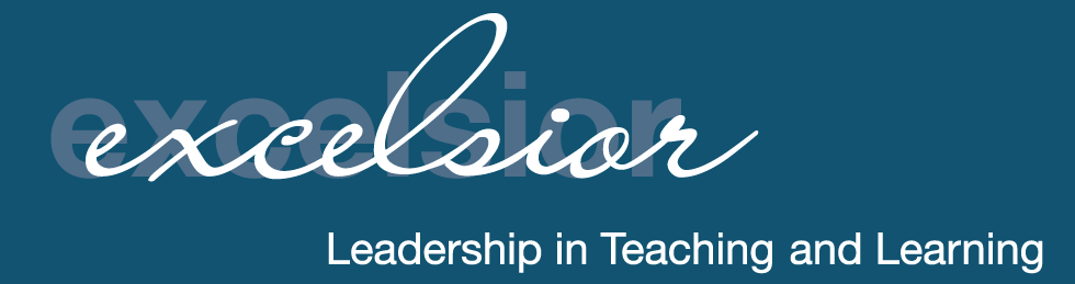 Excelsior logo that reads leadership in Teaching and Learning with blue background and white letters