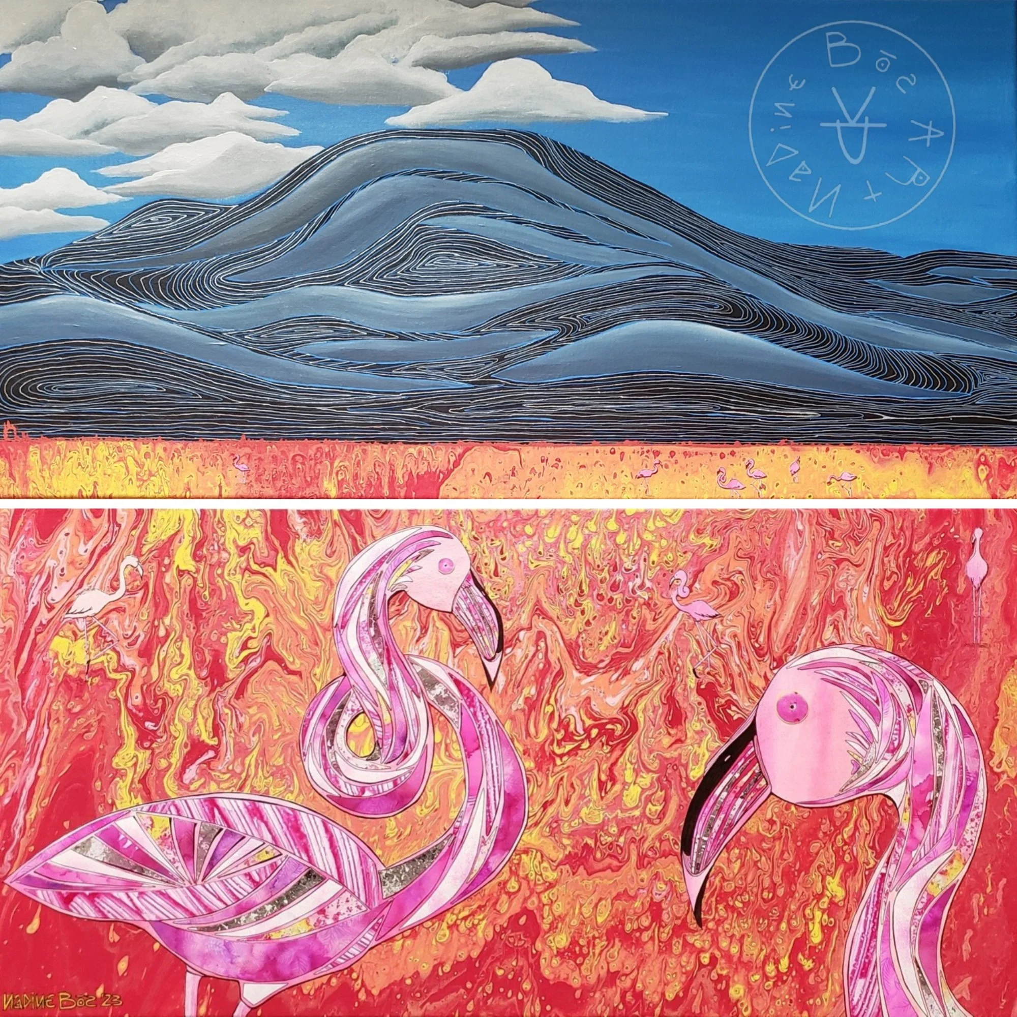 Befuddled Flamingos Diptych, Mixed Media on Canvas