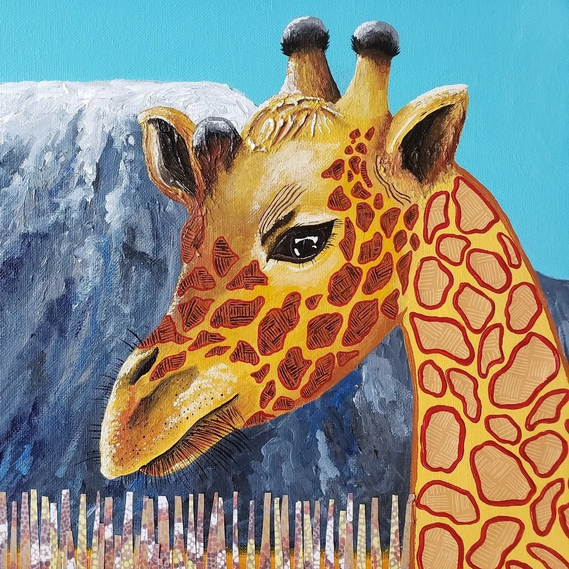 Yellow Giraffe collage art with impasto