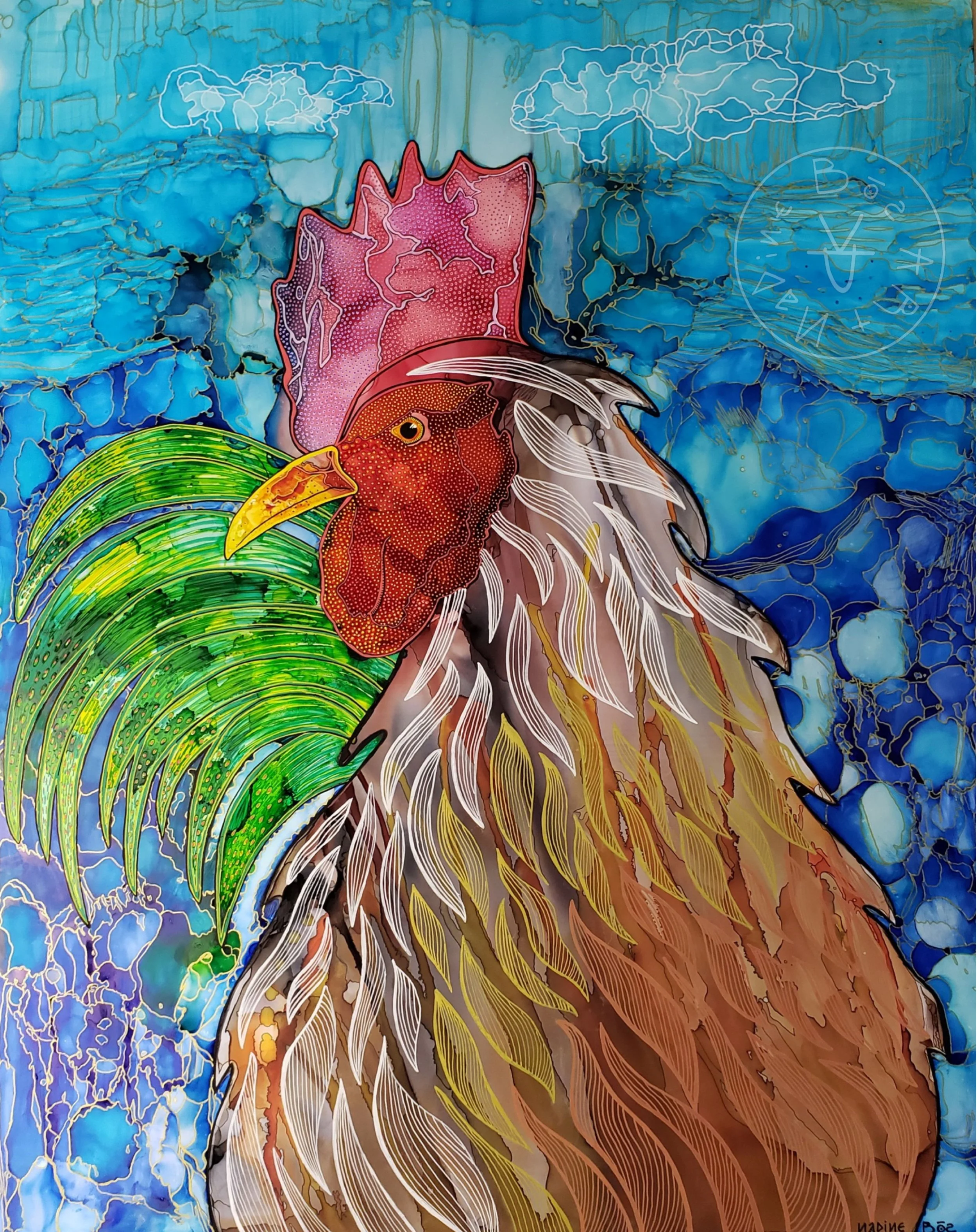 Righteous Rooster, Alcohol Ink and Acrylic on Paper