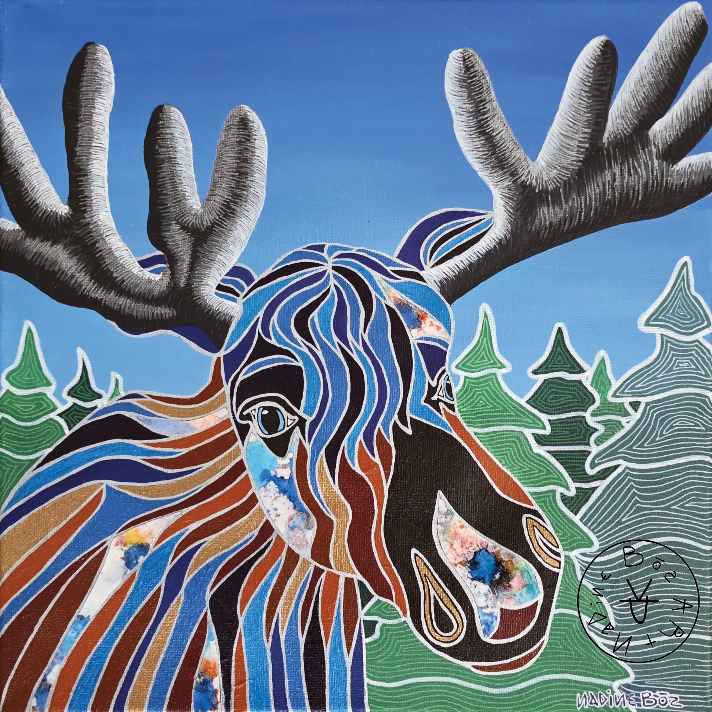 Merry Moose, Acrylic and Mixed Media on Canvas