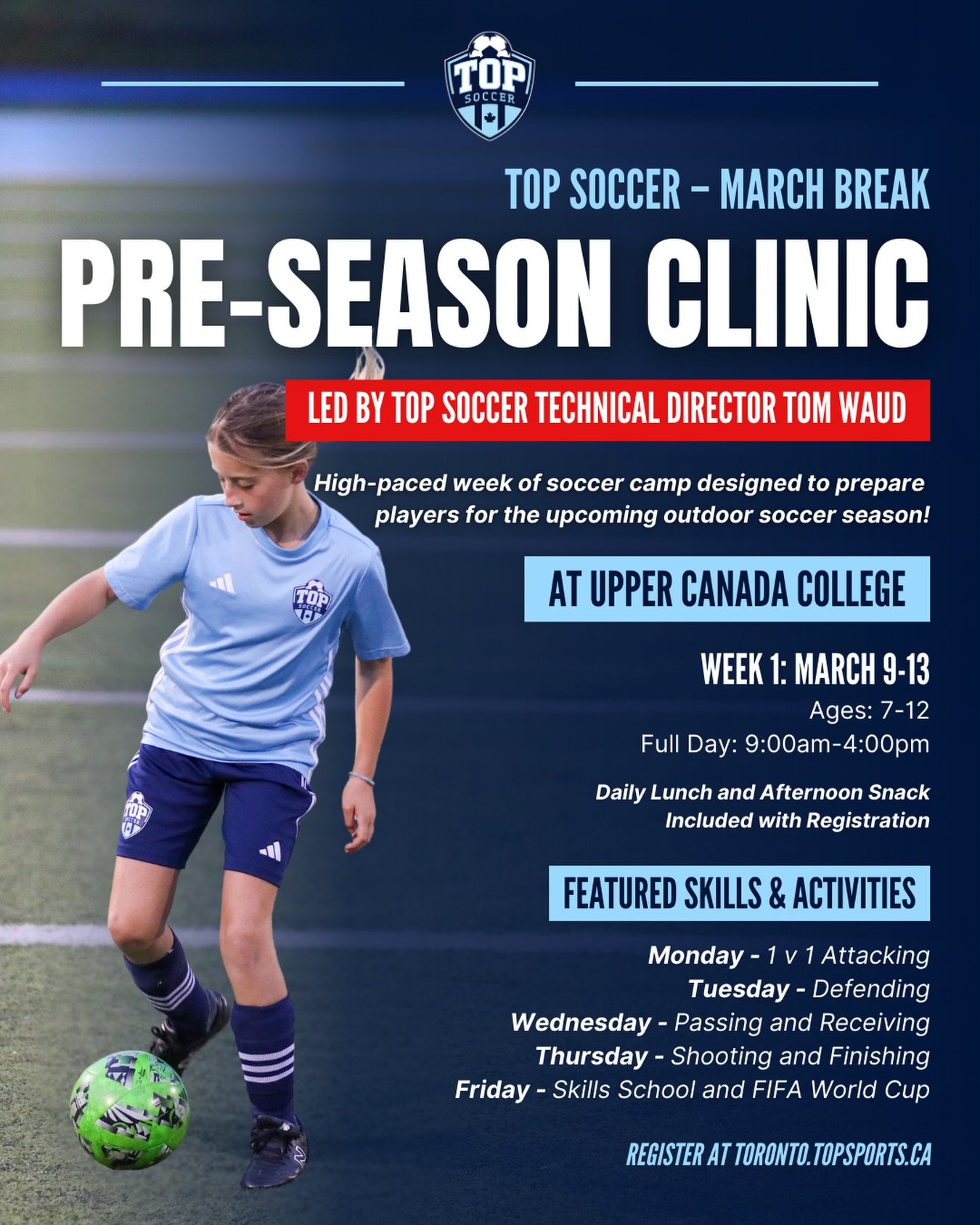 🚨 Get ready for the spring season with our TOP Soccer March Break Pre-Season Skills Clinic! 

⚽️ Led by Technical Director Tom Waud, our March Break Clinic features an action-packed week of fast-paced skill work, blending competitive small-area play