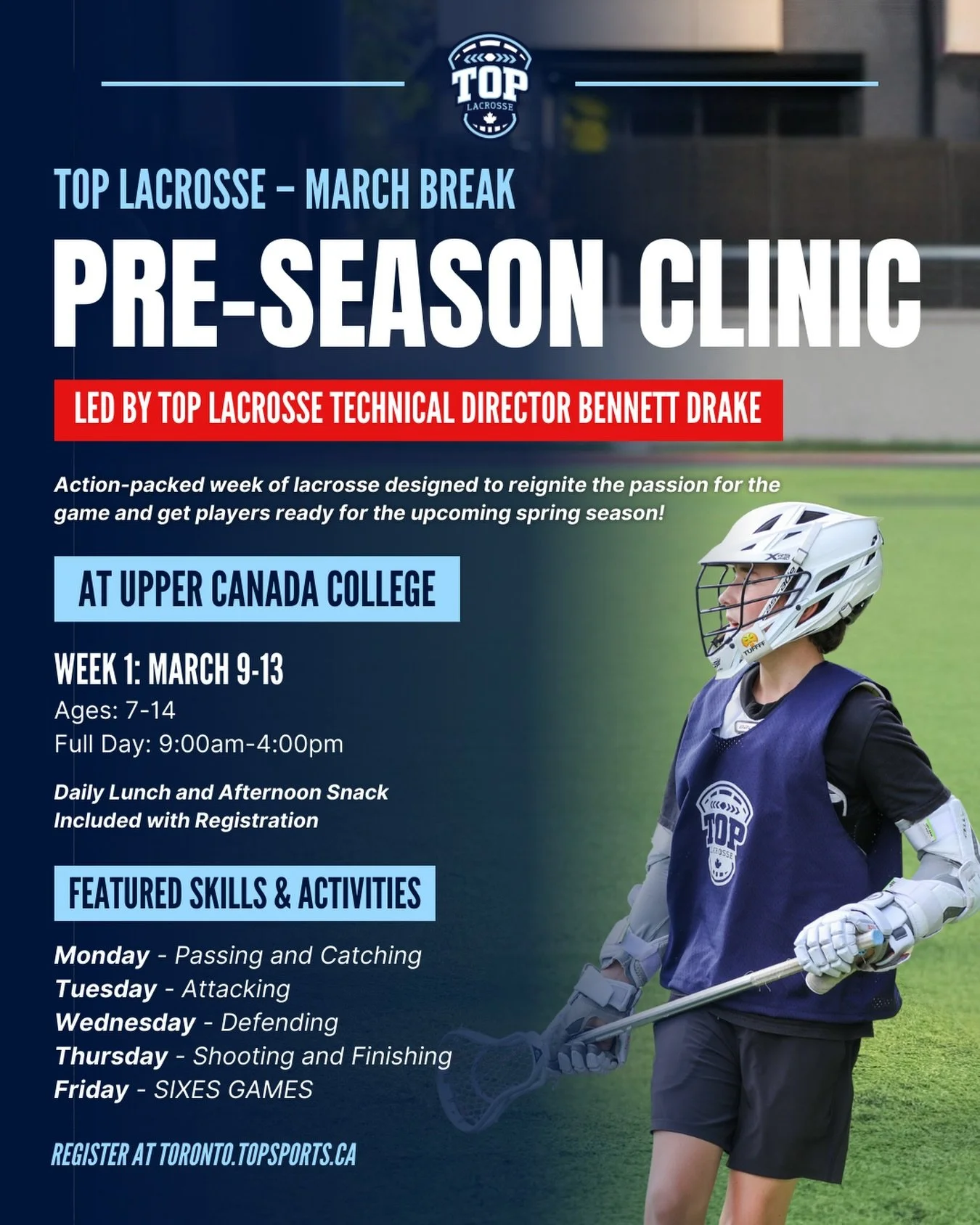 🚨 Get ready for the spring season with our TOP Lacrosse March Break Pre-Season Skills Clinic! 

🥍 Led by Technical Director Bennett Drake, our March Break Clinic delivers a week of high-energy skill building, blending focused lacrosse development w