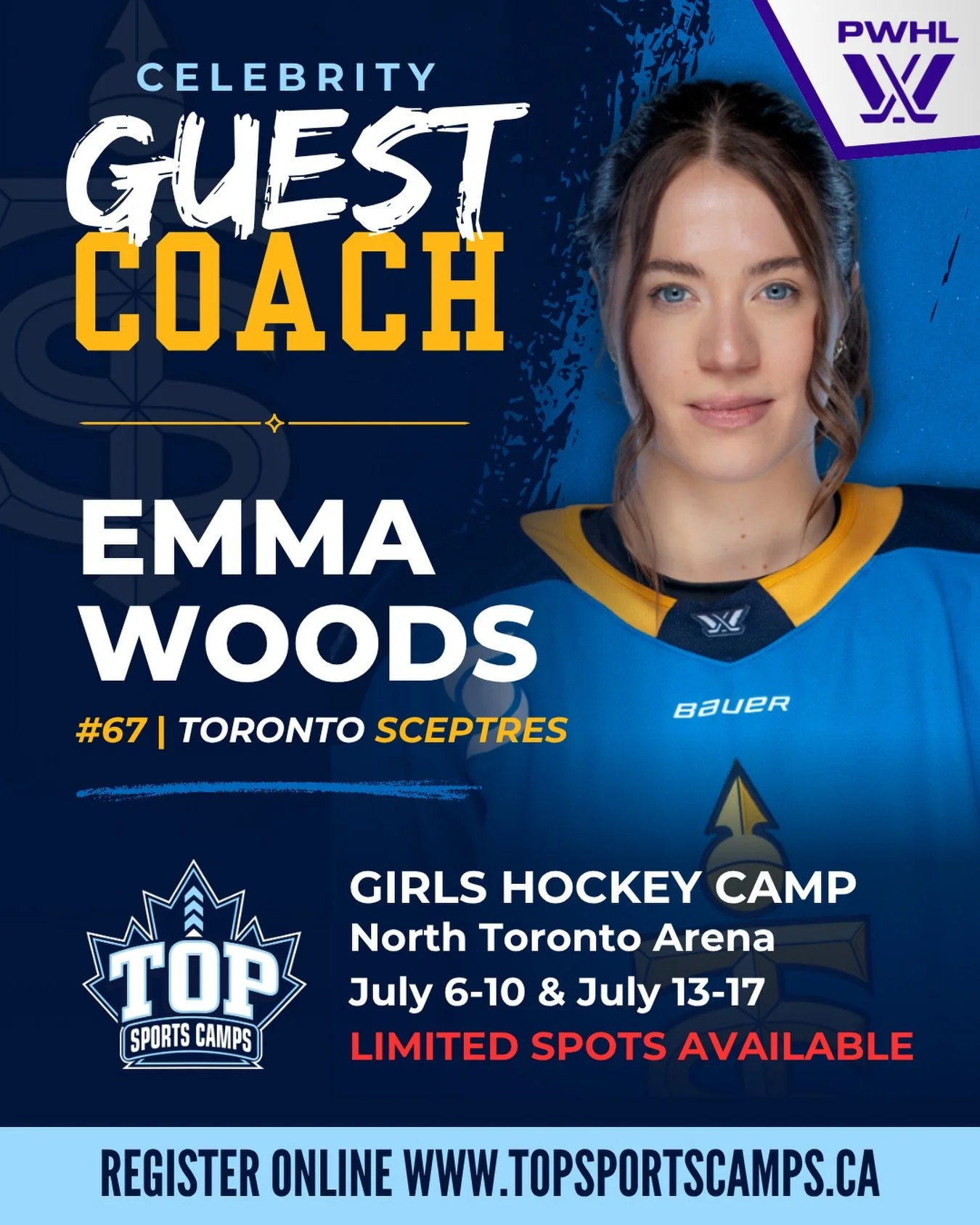 🚨 We are excited to welcome PWHL Toronto Sceptres Forward Emma Woods to TOP Sports Camps!

⭐️ Emma will be joining us each week at our Girls Hockey Camp for two special afternoons, hitting the ice with our campers during our on-ice sessions. Campers