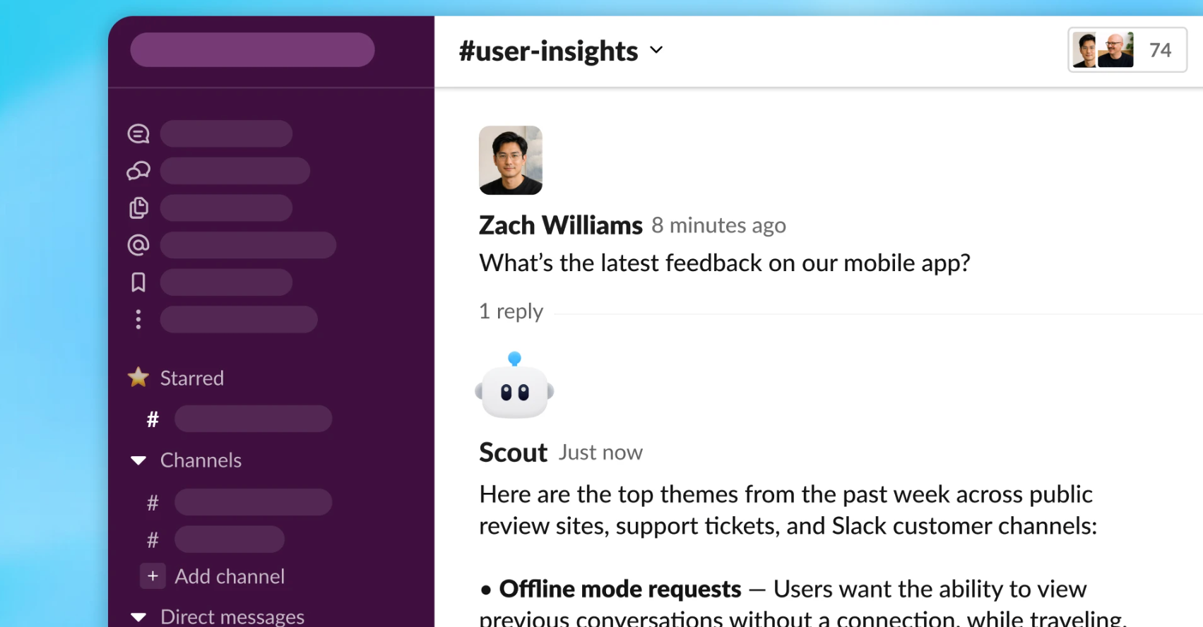 A Slack mockup from OpenAI showing a workspace agent named Scout summarizing user feedback themes inside a #user-insights channel, one of the deployment patterns now available to ChatGPT Edu and Teachers plan subscribers.