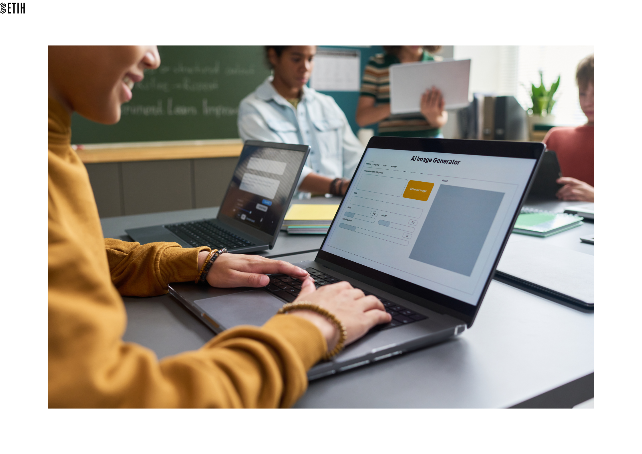 Pictured is a young person on a laptop using an AI image generator on screen